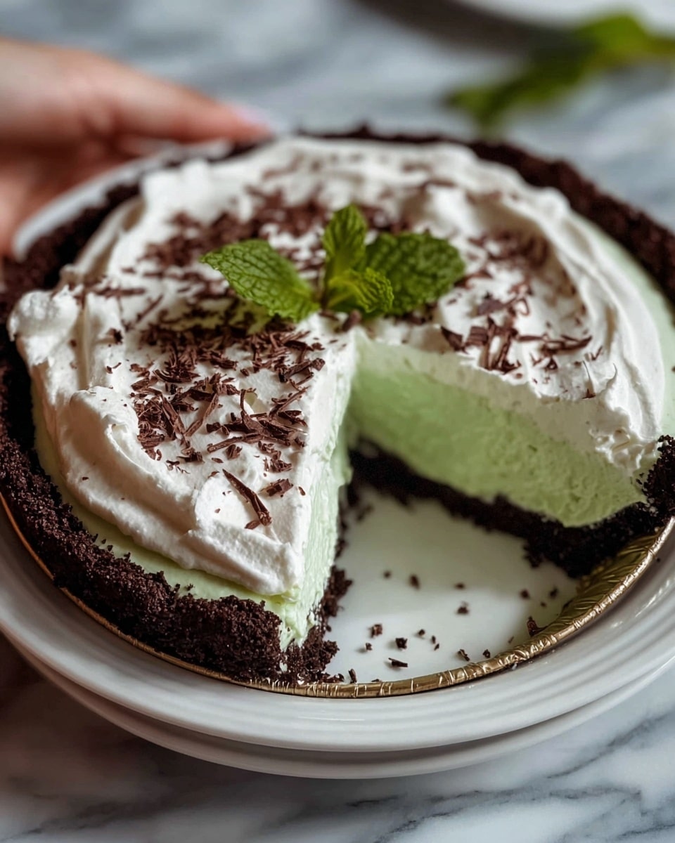 A pie with three visible layers on a white plate placed on a white marbled surface: the bottom crust is dark brown and crumbly, the middle layer is light green and creamy, and the top layer is thick white whipped cream sprinkled with small chocolate shavings; a fresh green mint leaf garnish sits in the center; one slice of the pie is being lifted, showing all the layers clearly, with a woman's hand holding the edge of the plate; photo taken with an iphone --ar 4:5 --v 7