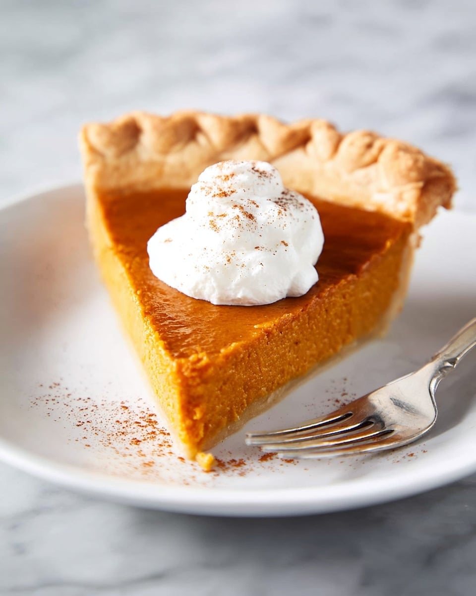 A single slice of pumpkin pie sits on a white plate with a flaky, light golden crust tightly enclosing a smooth, deep orange pumpkin filling. The pie is topped with a dollop of white whipped cream sprinkled lightly with cinnamon, placed near the pointed tip. A silver fork lies next to the slice on the plate, and the plate rests on a white marbled surface. photo taken with an iphone --ar 4:5 --v 7