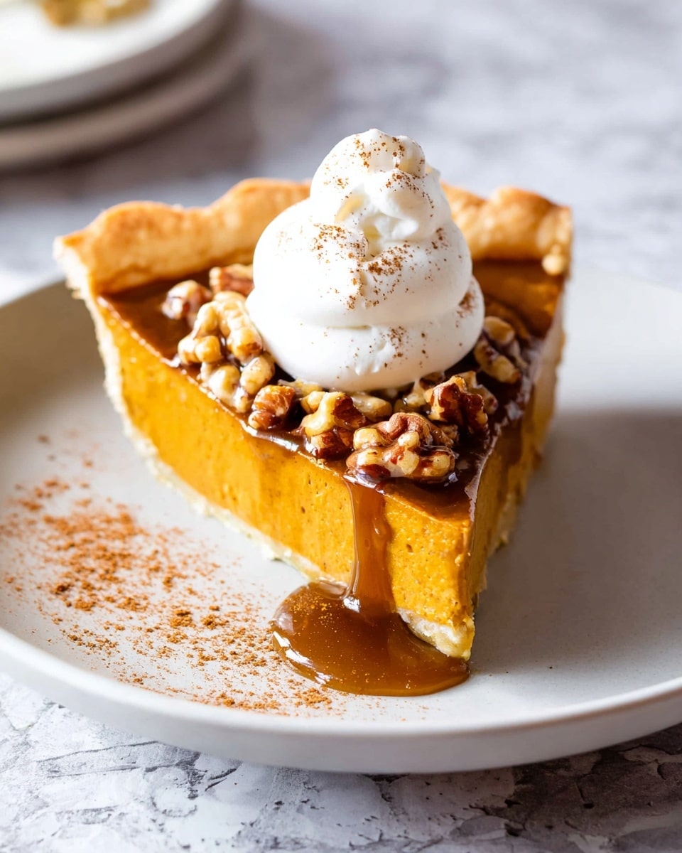 A slice of pumpkin pie with a light golden crust sits on a white plate over a white marbled texture. The pie has three visible layers: a thick crust layer at the bottom, a smooth orange pumpkin filling in the middle, and a topping of glossy brown syrup mixed with chopped nuts dripping slightly over the side. On top of the pie is a dollop of white whipped cream dusted with light brown spice powder. Some spice powder is also sprinkled on the plate near the pie slice. Photo taken with an iphone --ar 4:5 --v 7
