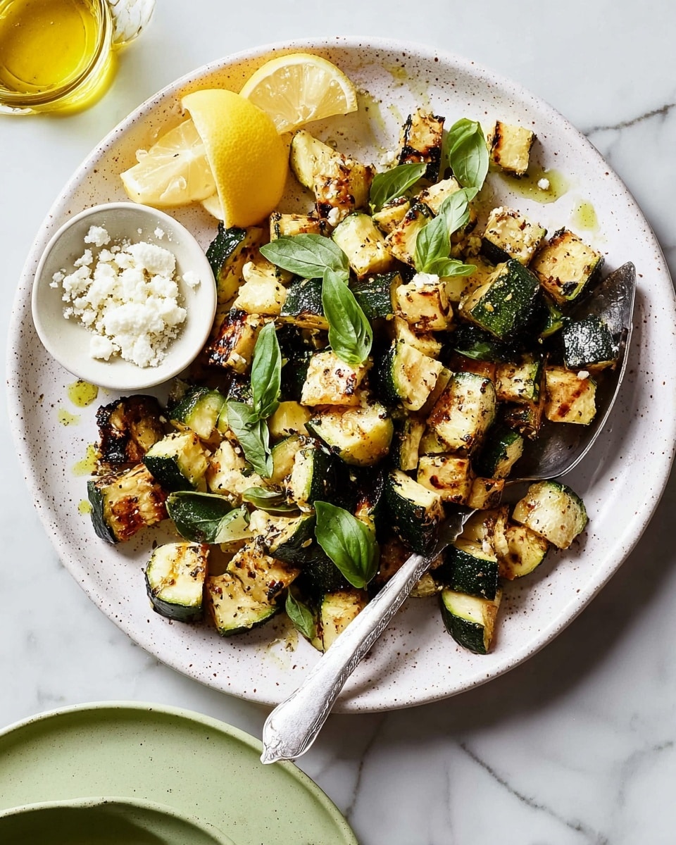 The image shows a white speckled plate filled with chopped and grilled zucchini pieces, browned and with a slight char. Small bright green basil leaves are scattered on top. There is a small white bowl on the plate holding crumbled white cheese, placed near three lemon wedges. A silver spoon rests on the plate’s edge, containing zucchini and basil leaves. The plate is set on a white marbled surface with a small part of an olive green plate visible at the bottom. photo taken with an iphone --ar 4:5 --v 7