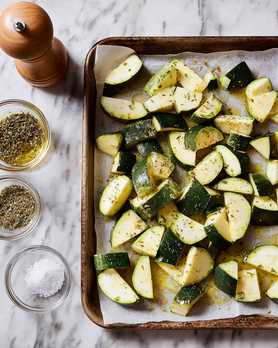 The image shows several pieces of chopped zucchini spread out on a baking tray lined with parchment paper. The zucchini pieces are cut into thick semi-circles and chunks, displaying a mix of dark green skin and pale greenish-white flesh. They are sprinkled with small bits of dried herbs and drizzled with olive oil, visible as shiny spots on the vegetables. Around the tray, there are small glass jars containing dried herbs and granulated seasoning, along with a wooden pepper grinder. The whole setup rests on a white marbled surface. photo taken with an iphone --ar 4:5 --v 7
