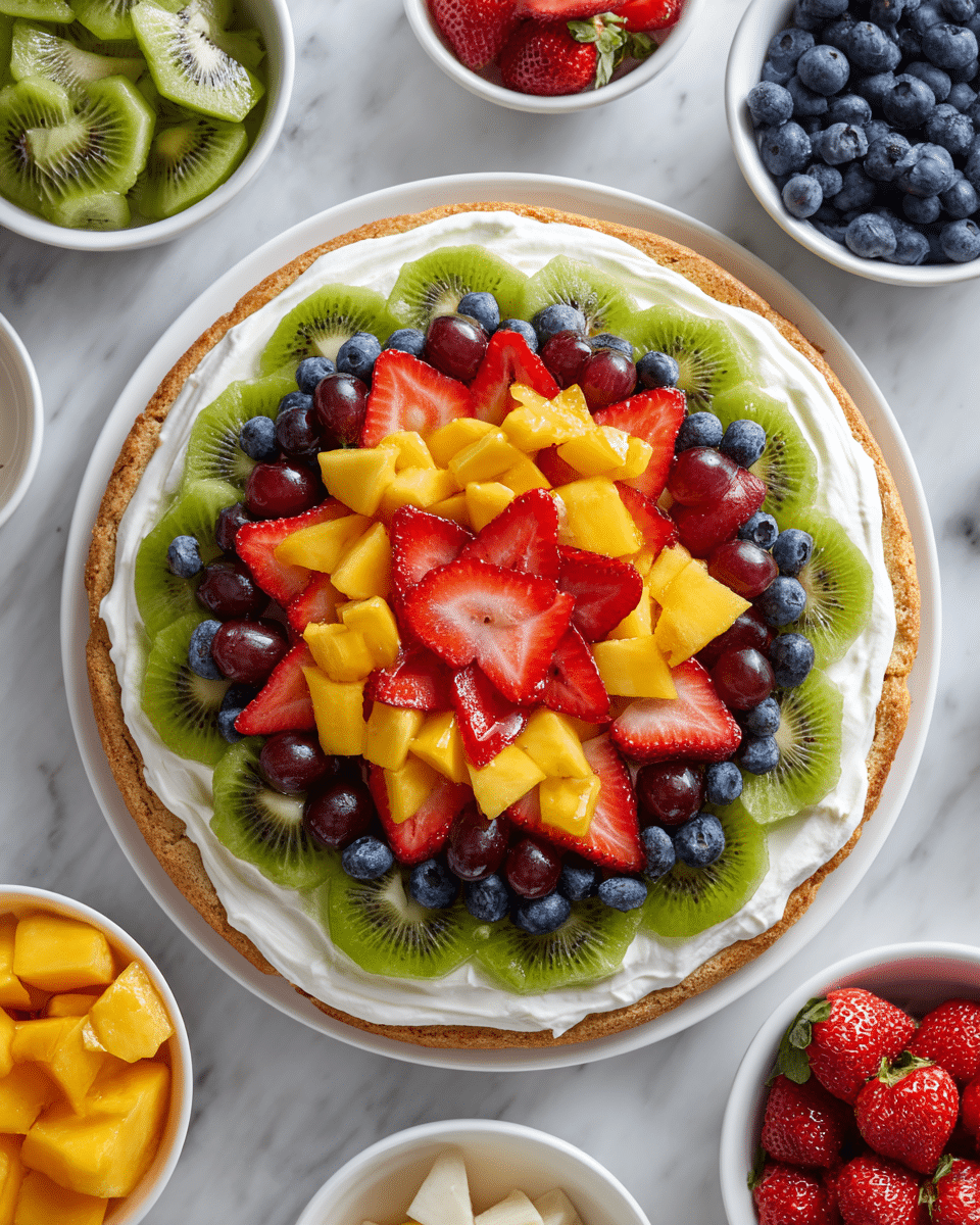 A round fruit pizza is shown on a white plate with a white marbled surface underneath. The pizza has three main layers: a base layer of light brown crust, a smooth white cream cheese or yogurt layer spread evenly on top, and a bright, colorful layer of fresh fruit arranged in concentric circles. Starting from the outer edge, there is a ring of sliced red strawberries, followed by a ring of green kiwi slices overlapping the strawberries. Inside that, there is a circle of mixed dark blueberries and red grapes. Closer to the center, chunks of yellow mango or peach are interspersed with more kiwi slices. The very center forms a star shape made of strawberry slices, with blueberries and grapes filling in the middle of the star. Around the pizza, several white bowls hold extra pieces of cut fruit: kiwi, mango, blueberries, and strawberries. The whole scene is well-lit and vibrant. photo taken with an iphone --ar 4:5 --v 7