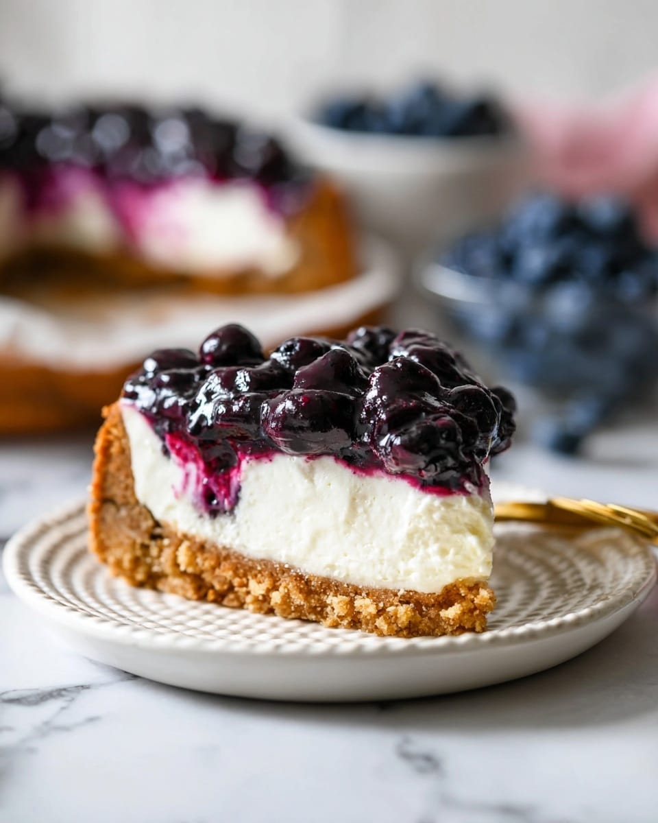 The image shows a slice of blueberry cheesecake on a white plate with a textured rim, placed on a white marbled surface. The cheesecake has three clear layers: the bottom layer is a crumbly, light brown crust, the middle layer is thick and creamy white filling with a soft texture, and the top layer is a glossy, dark purple blueberry topping with whole blueberries embedded in it. In the blurred background, there is a bowl full of blueberries and another part of the cheesecake visible. A woman's hand holding a golden fork is partially visible in the foreground. photo taken with an iphone --ar 4:5 --v 7