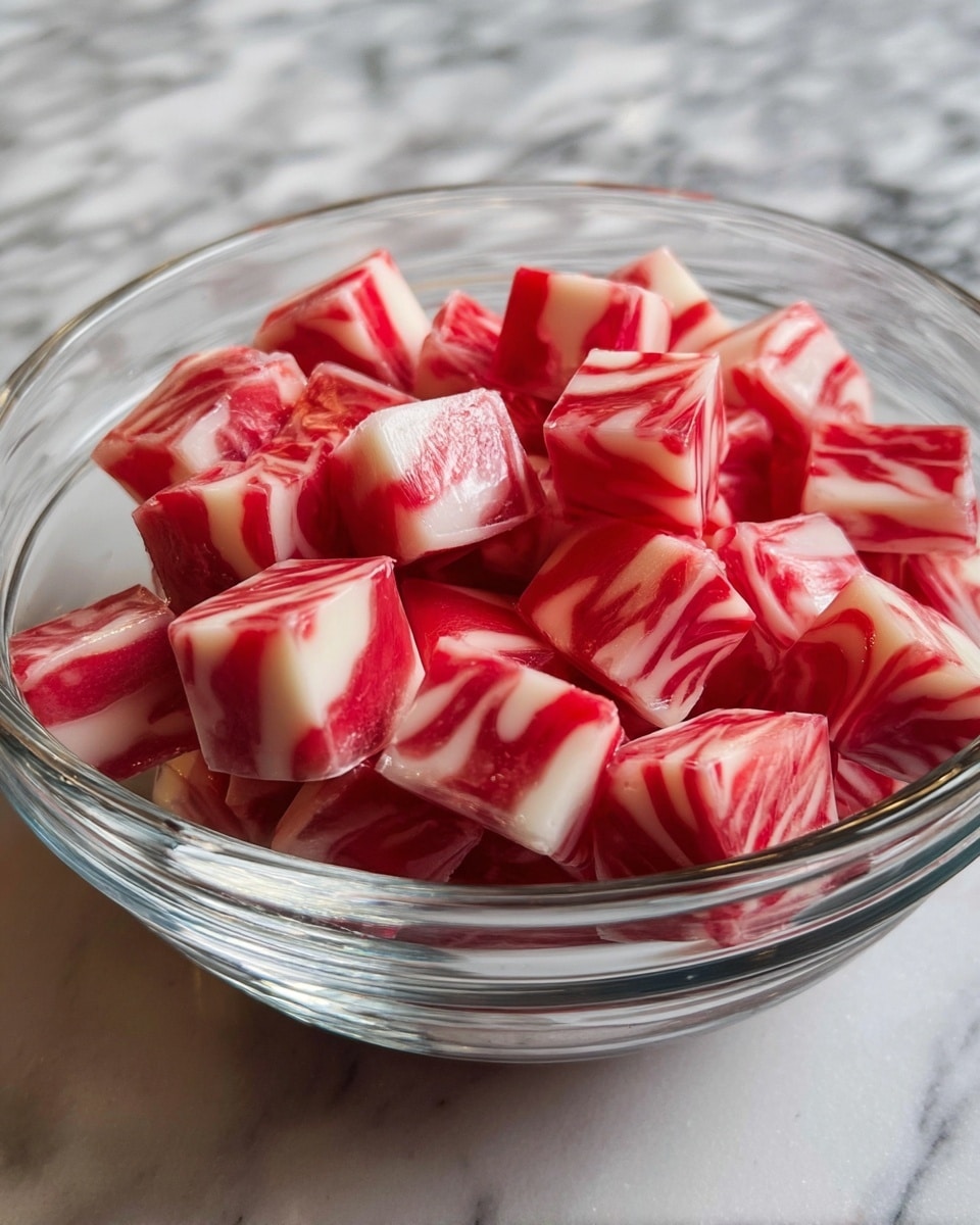 A clear glass bowl filled with many small, square candy pieces that have a swirled pattern of bright red and white colors. The candy pieces look smooth and glossy with a soft, chewy texture, stacked unevenly in the bowl. The bowl sits on a white marbled surface, showing the contrast between the clear glass and the colorful candy inside. photo taken with an iphone --ar 4:5 --v 7