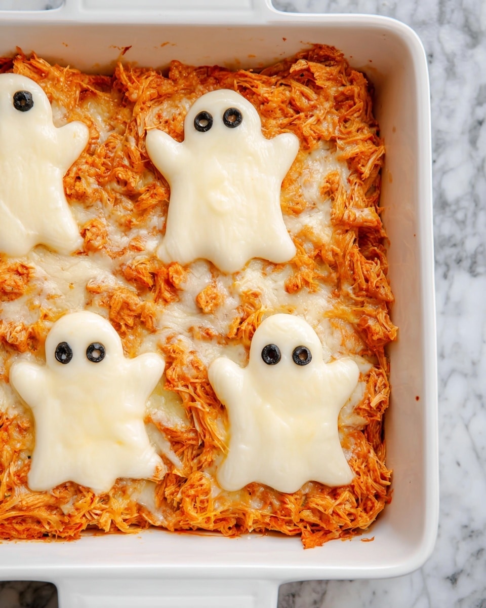 A white baking dish filled with a layered cheesy chicken mixture, featuring three ghost-shaped slices of melted white cheese on top. The base layer is a rich, shredded orange chicken mixed with herbs and creamy sauce, spread evenly inside the dish. Each ghost cheese cutout is smooth and glossy, placed on top of the chicken layer, with two small black olive pieces for eyes on each ghost. The white cheese contrasts with the bright orange chicken around the edges, and the dish sits on a white marbled surface. photo taken with an iphone --ar 4:5 --v 7