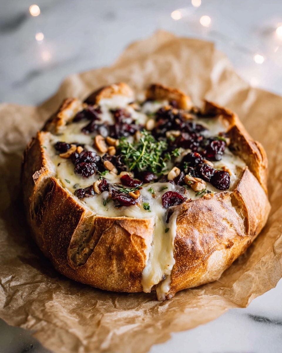 A rustic baked bread bowl sits on crinkled parchment paper, filled with melted creamy cheese that oozes slightly over the edges. Deep red dried cranberries and small brown nut pieces are scattered on top of the cheese, giving it a rich texture. The bread crust is golden brown, thick, and crispy with irregular torn chunks folded inward around the cheese filling. In the center, a small green sprig of fresh herbs adds a touch of color. The whole scene is set on a white marbled surface with soft ambient lighting. photo taken with an iphone --ar 4:5 --v 7