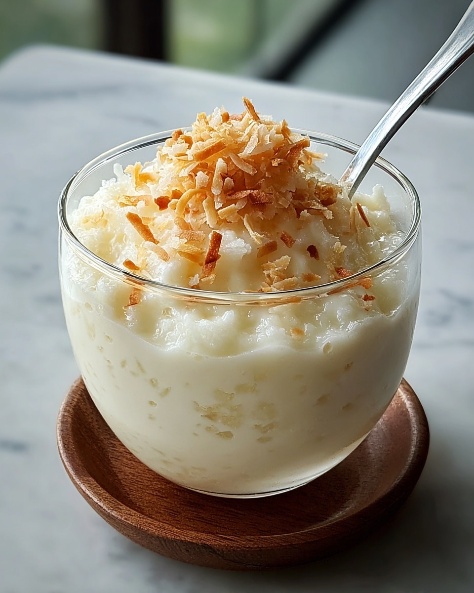A close-up glass dessert cup filled with a creamy white mixture that looks soft and slightly grainy, topped with a small mound of light brown toasted coconut flakes, with a silver spoon inside the cup on the right side, all placed on a white marbled surface with soft blurry background light. photo taken with an iphone --ar 4:5 --v 7