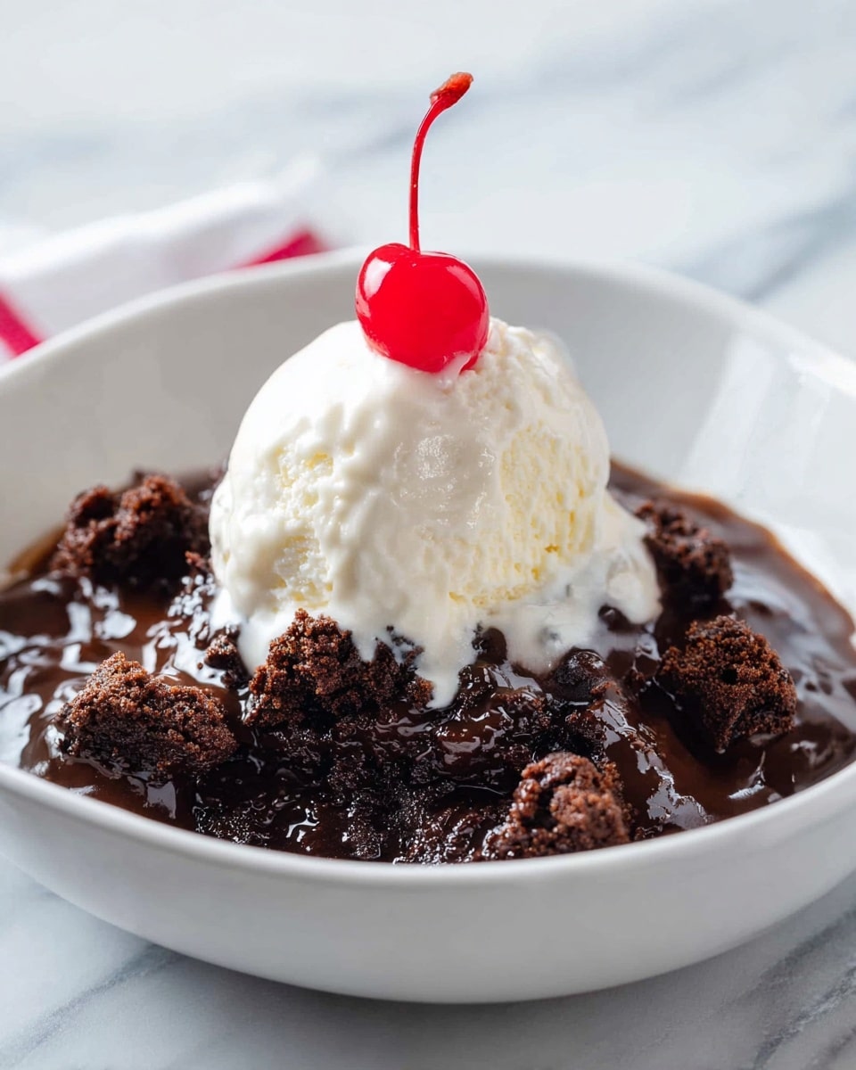 A white bowl holds a dessert with three main layers: at the bottom is a thick, dark brown chocolate sauce with a glossy texture, above it are scattered pieces of crumbly chocolate cake, and on top sits a smooth, round scoop of white vanilla ice cream. A bright red cherry with a long, curved stem crowns the ice cream at the highest point. The bowl rests on a white marbled surface. Photo taken with an iphone --ar 4:5 --v 7