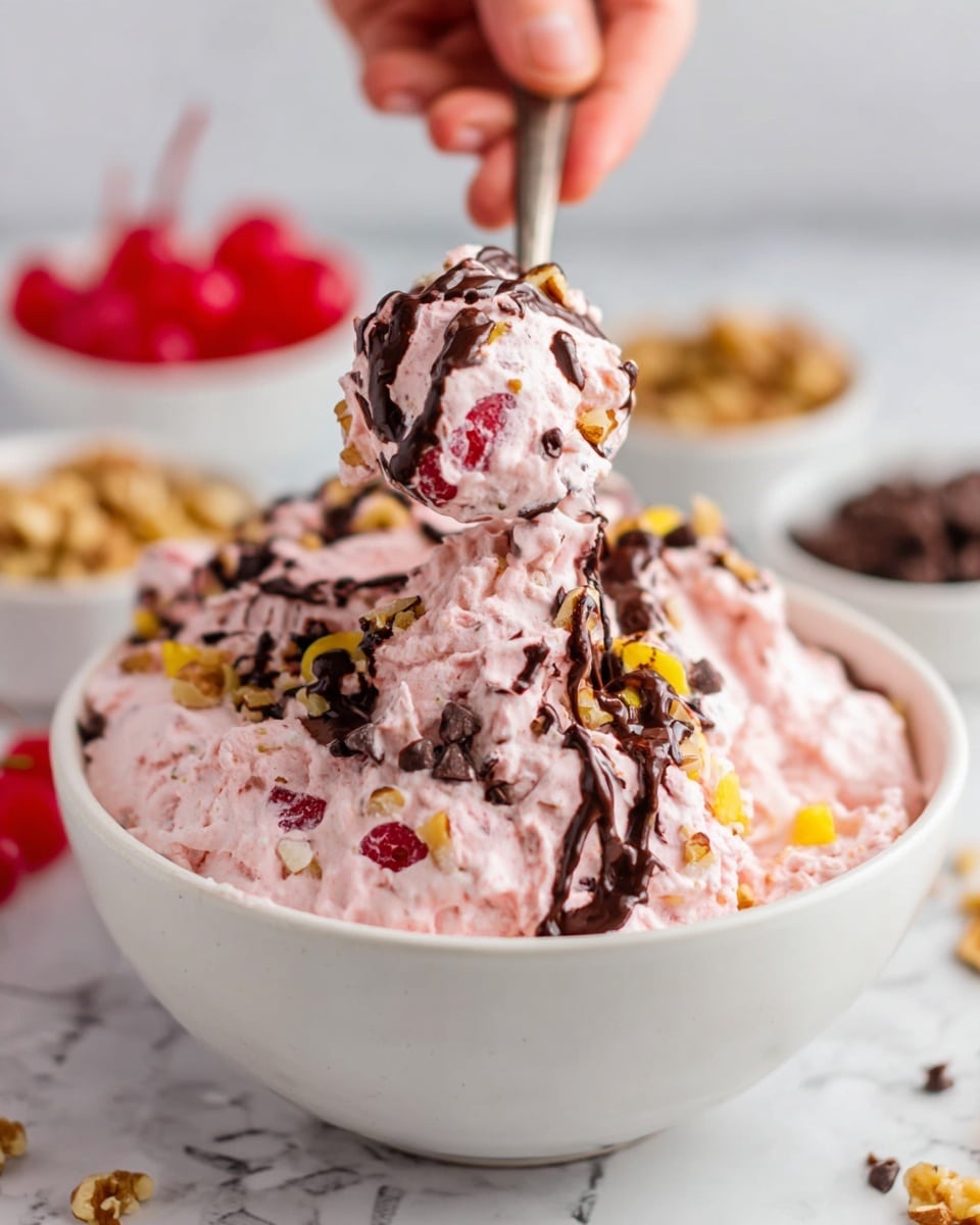 A large white bowl filled with a fluffy, pink creamy mixture that has visible chunks of yellow fruit and red cherries scattered throughout. The top of the mixture is drizzled with dark brown chocolate sauce and small pieces of chopped walnuts are sprinkled over it. A woman's hand is holding a spoon that lifts a large scoop of the creamy, chunky dessert, showing bits of red cherry, yellow fruit, and chocolate chips embedded in the pink creamy texture. In the blurry background, there are small white bowls containing red cherries, dark cocoa powder, and chopped walnuts, all placed on a white marbled surface. photo taken with an iphone --ar 4:5 --v 7