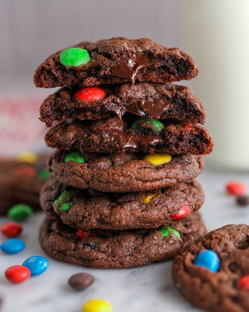 A stack of six thick, dark brown chocolate cookies with colorful candy pieces (red, green, yellow, blue) embedded throughout, the top cookie is broken in half showing gooey melted chocolate inside with a bright red candy piece inside; the cookies have a soft, slightly cracked texture, placed on a white marbled surface with scattered candies and chocolate chips around the base; a blurred glass of milk is visible in the background. photo taken with an iphone --ar 4:5 --v 7
