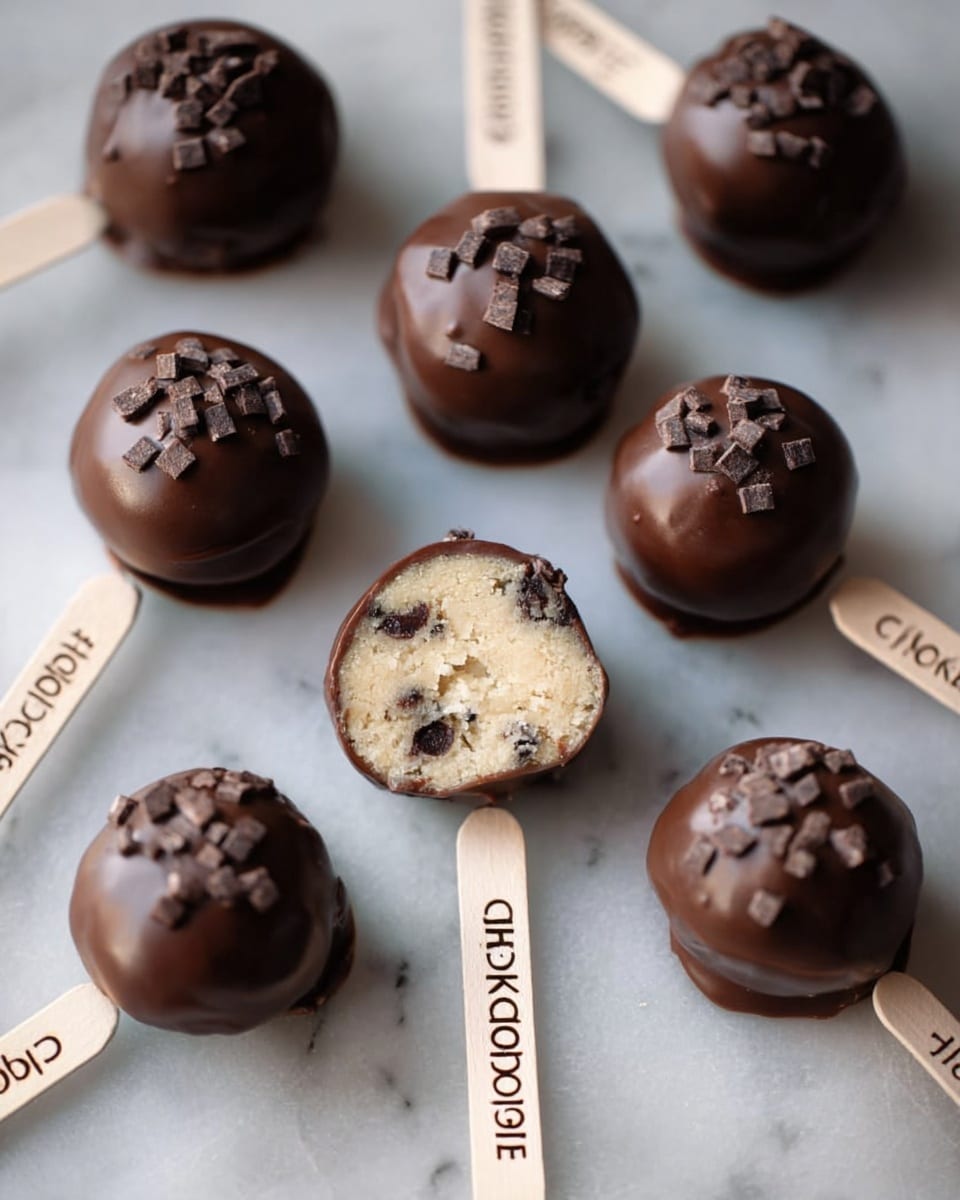 The image shows a close-up of a light brown ice cream bar with chocolate chips scattered on the front surface. One bite has been taken on the top left side, showing cream-colored inside texture. The ice cream bar is held by a woman's hand gripping the wooden stick, with a blurred white marbled background scattered with round, dark brown nuts having light brown tips. The lighting captures the smooth and rich texture of the ice cream and chocolate chips clearly. Photo taken with an iphone --ar 4:5 --v 7
