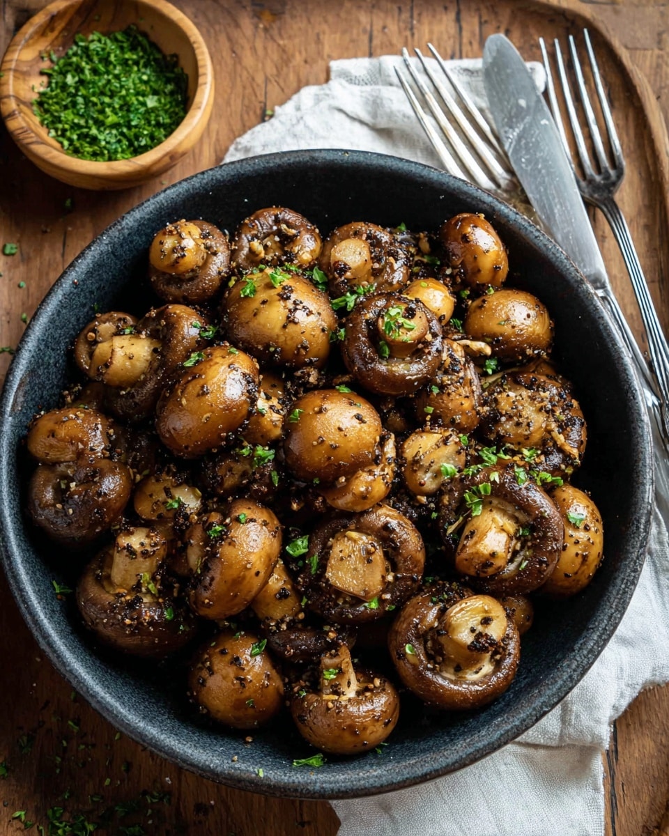 A bowl full of sautéed whole button mushrooms coated with a glossy mix of herbs and spices, showing a mix of light to dark brown colors with little green parsley bits sprinkled on top; the mushrooms fill a white bowl with one layer stacked naturally, set on a white marbled surface with a knife and fork beside it, some out of focus greenery in the background. photo taken with an iphone --ar 4:5 --v 7