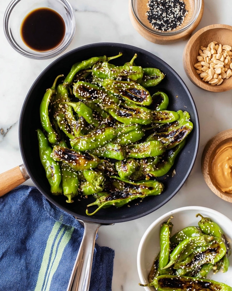 The image shows a white plate filled with shishito peppers that are blistered and charred with dark brown and black spots, giving them a cooked look. The peppers are mostly bright to medium green with some hints of yellow and orange on a few. They have a slightly wrinkled and shiny texture from the cooking process, and are sprinkled evenly with small white and black sesame seeds, adding contrast and texture. The peppers are scattered close together, covering most of the plate, which sits on a white marbled surface. Photo taken with an iphone --ar 4:5 --v 7