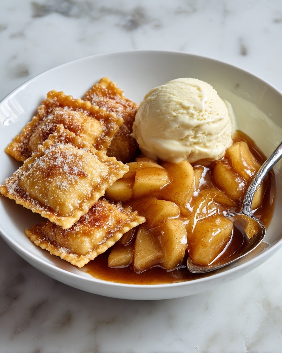 A white plate with a brown rim holds a dessert featuring four golden-brown, square fried pieces with crispy edges sprinkled lightly with sugar, arranged on the left side. On the right side, there are glossy, syrup-coated apple slices with a light brown cinnamon speckled sauce. At the top right, a scoop of creamy white vanilla ice cream rests, slightly melting. A silver spoon lies on the plate’s bottom left edge. The plate sits on a white marbled surface. Photo taken with an iphone --ar 4:5 --v 7
