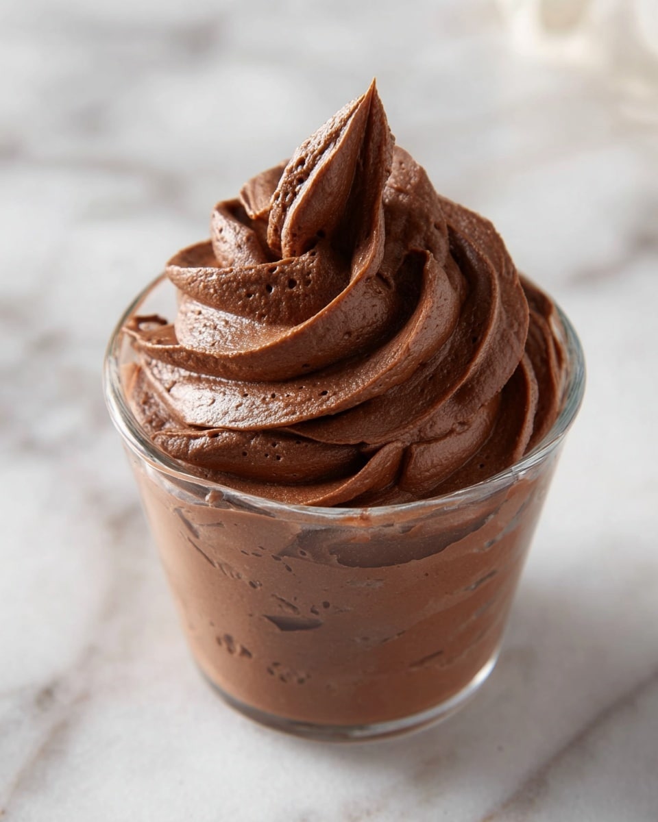 A clear glass cup filled with rich, smooth chocolate mousse, swirled in three thick layers that rise to a pointed peak on top. Each layer is creamy and dark brown with a glossy texture, showing soft peaks and slight air bubbles, giving a light yet dense look. The mousse is set on a white marbled surface, with soft lighting enhancing its glossy, silky texture. Photo taken with an iphone --ar 4:5 --v 7