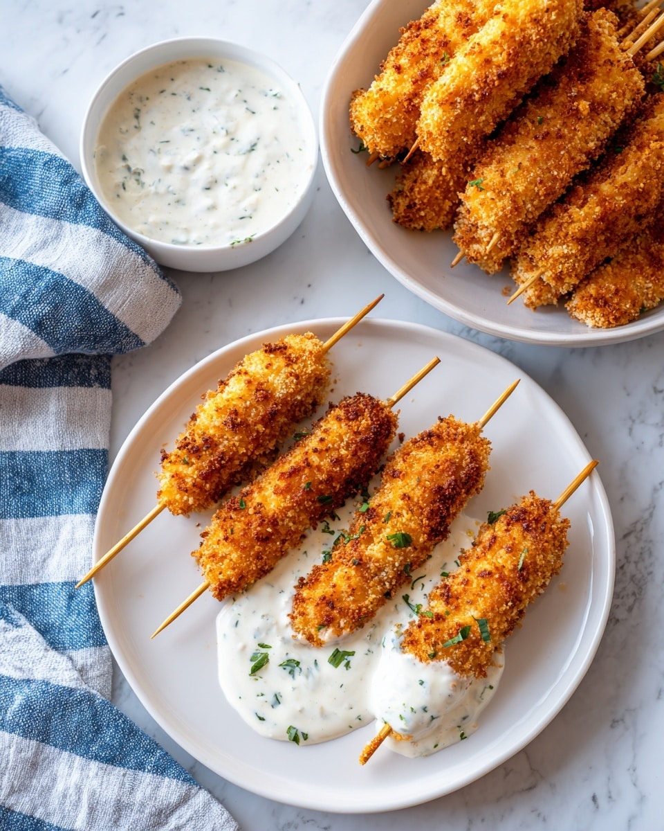The image shows a white plate on a white marbled surface holding three golden brown breaded chicken skewers, each with a crispy texture. On the right side of the plate, there is a thick pool of white sauce with small green herbs mixed in, and one skewer has some sauce spread on it. Next to the plate, on the right side, there is a larger white bowl filled with many more similar golden breaded skewers, stacked on top of each other with visible wooden sticks. On the left side of the surface, a blue and white striped cloth is partly visible, adding a casual touch to the scene. Photo taken with an iphone --ar 4:5 --v 7