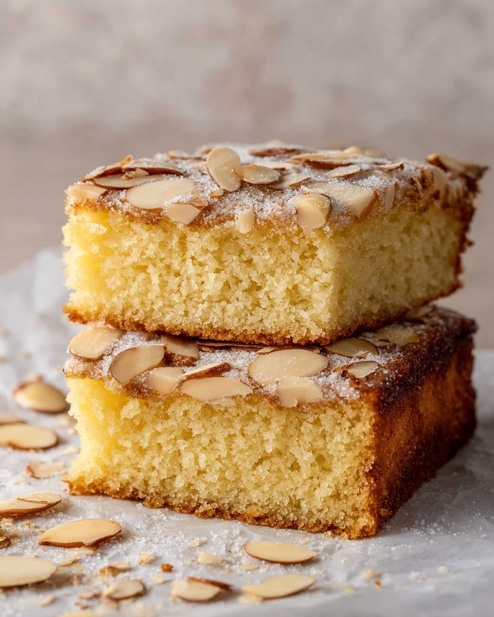 The image shows a close-up of a slice of almond cake with one visible layer. The cake layer is light yellow with a soft, crumbly texture. On top, there is a golden-brown crust covered with a sprinkle of sliced almonds and granulated sugar. Around the slice, there are more scattered almond slices on white parchment paper with a white marbled background visible beneath. Photo taken with an iphone --ar 4:5 --v 7