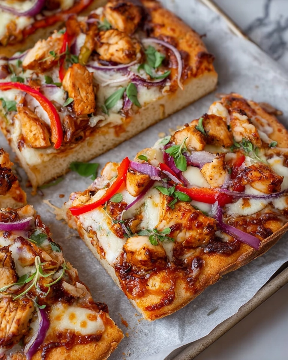 The image shows four slices of thick-crust pizza on parchment paper on top of a baking tray, placed on a white marbled surface. Each slice has three main layers visible: the light golden brown thick bread base, a melted white cheese layer that is slightly browned on the edges, and toppings including juicy grilled chicken pieces with a golden sear, thin strips of bright red bell pepper, thin slices of purple-red onion, and small green herb leaves scattered on top. The toppings add a variety of textures and colors, making the pizza look fresh and flavorful. Photo taken with an iphone --ar 4:5 --v 7