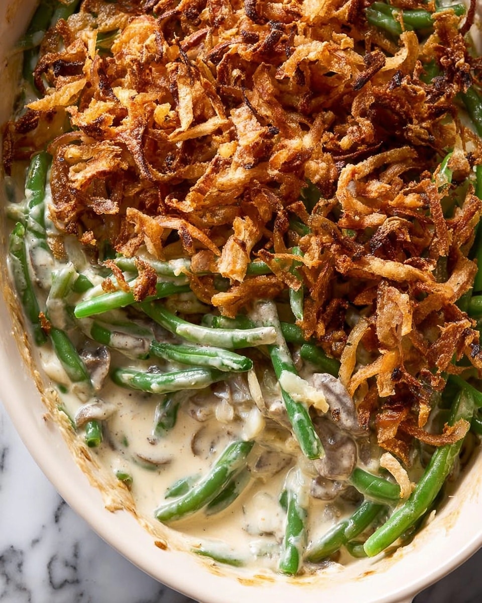 A white bowl is filled with a casserole that has three main layers: a base layer of white creamy sauce with visible small chunks, a middle layer of bright green beans mixed with mushrooms covered in the creamy sauce, and a top layer of crispy golden-brown fried onions scattered on top. A silver spoon is partially dipped into the dish, lifting a mix of the green beans and creamy sauce from the bowl. The bowl rests on a soft, light beige cloth with a white marbled background. photo taken with an iphone --ar 4:5 --v 7