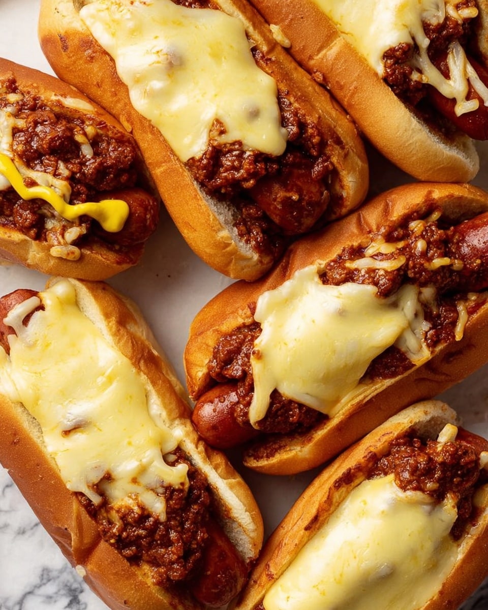 The image shows several hot dogs laid close together on a white marbled surface. Each hot dog has a soft brown bun filled with a reddish-brown chili layer that looks thick and chunky. On top of the chili is a generous layer of melted yellowish-white cheese, which covers most of the chili and oozes slightly over the sides of the buns. One hot dog has mustard drizzled on the exposed sausage beneath the chili and cheese. The overall texture is rich and gooey with warm, soft bread and melty cheese blending with the hearty chili. photo taken with an iphone --ar 4:5 --v 7