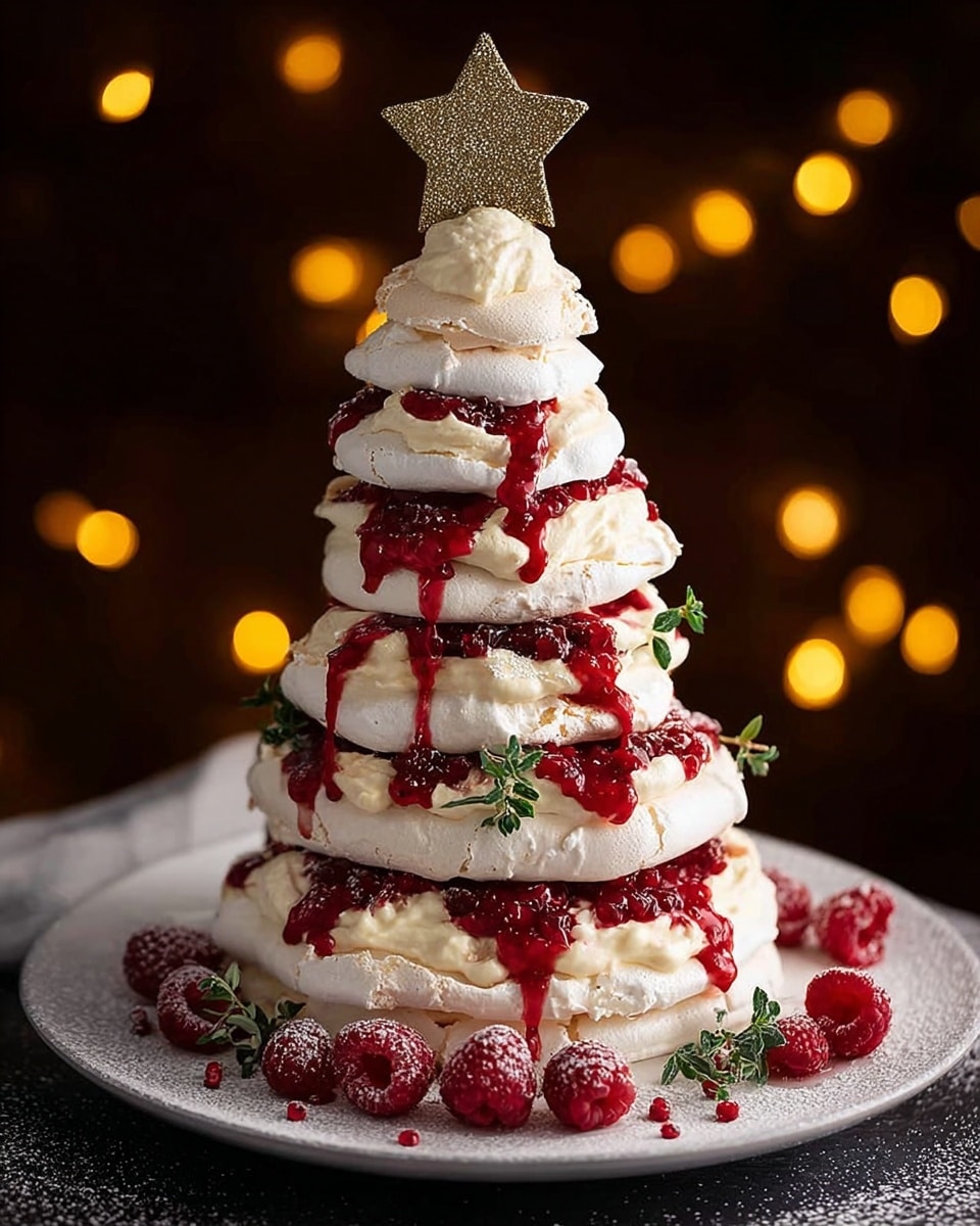 The dessert is a tall, layered pavlova shaped like a Christmas tree with seven layers of white meringue disks, each getting smaller towards the top, creating a cone shape. Between each layer, there is smooth white cream and bright red raspberry sauce, some of which drips slightly over the edges. Fresh whole raspberries and small green sprigs are scattered between the layers and around the base on a white plate, with some light powder dusted on top like snow. A glittery gold star decorates the top of the pavlova, set against a softly blurred dark background with warm small yellow lights glowing behind. Photo taken with an iphone --ar 4:5 --v 7