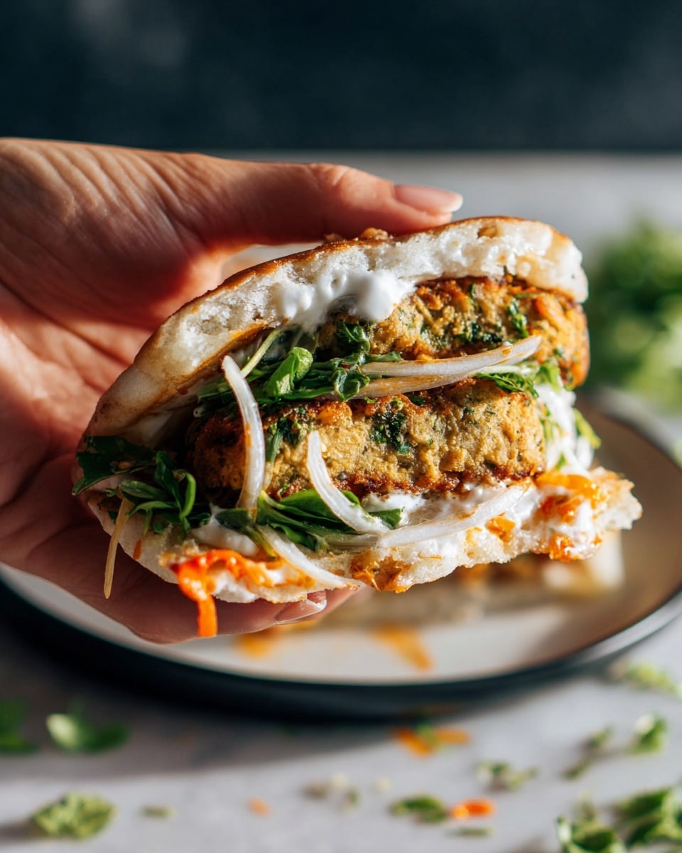 A close-up of a sandwich held by a woman's hand showing multiple layers: the top layer is soft toasted flatbread with a light golden color, beneath it is a creamy white sauce spread thickly, followed by two golden-brown spiced patties with visible herbs inside. Below the patties, there are fresh green leafy herbs, thin slices of white onions, and thin orange slices of carrots or chutney, all sitting on a white flatbread base. The sandwich is above a white plate, and the background has a soft white marbled texture with scattered green herbs around. photo taken with an iphone --ar 4:5 --v 7