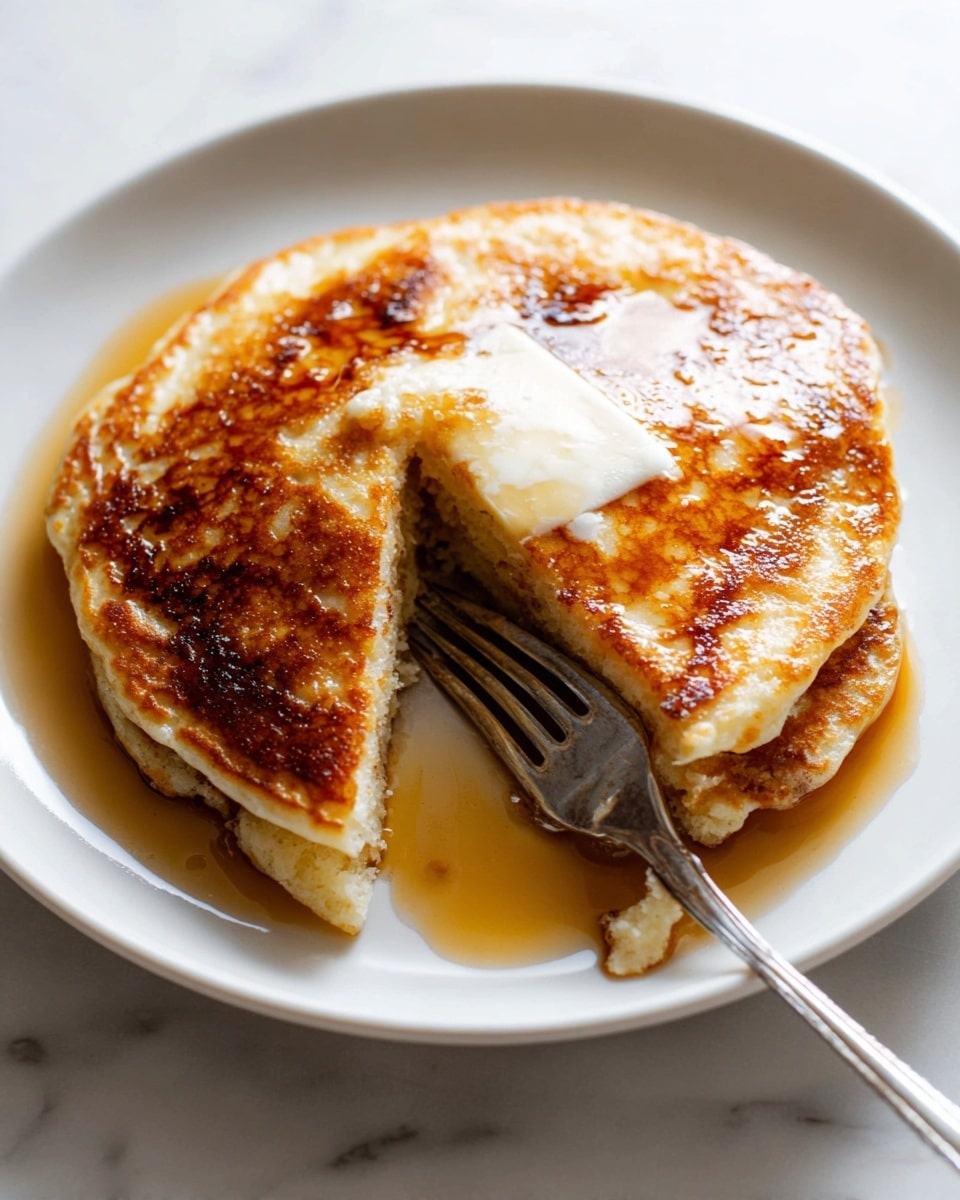 A stack of two golden brown pancakes sits centered on a white plate, with a glossy sheen of syrup pooling around the edges. The top pancake has a pat of melting butter in the middle, creating a creamy white contrast against the warm, crispy texture. A fork is cutting and lifting a triangular piece from the bottom left side, revealing the fluffy, light interior of the pancake. The scene is set on a white marbled surface. photo taken with an iphone --ar 4:5 --v 7