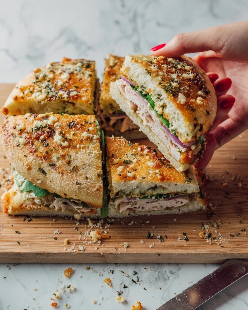 A sandwich cut into four square pieces with a thick, golden-brown, slightly crispy top layer sprinkled with herbs and bits of baked cheese or garlic, resting on a wooden board. Inside, visible layers include fresh green lettuce, slices of light pink turkey or chicken, and thin slices of purple onion, all stacked between soft, fluffy bread layers. A woman's hand with red-painted nails is holding one sandwich piece, showing the visible sandwich layers from the side. Small crumbs and scattered bits of herbs surround the sandwich on the board, and a knife lies on a white marbled surface next to it. photo taken with an iphone --ar 4:5 --v 7