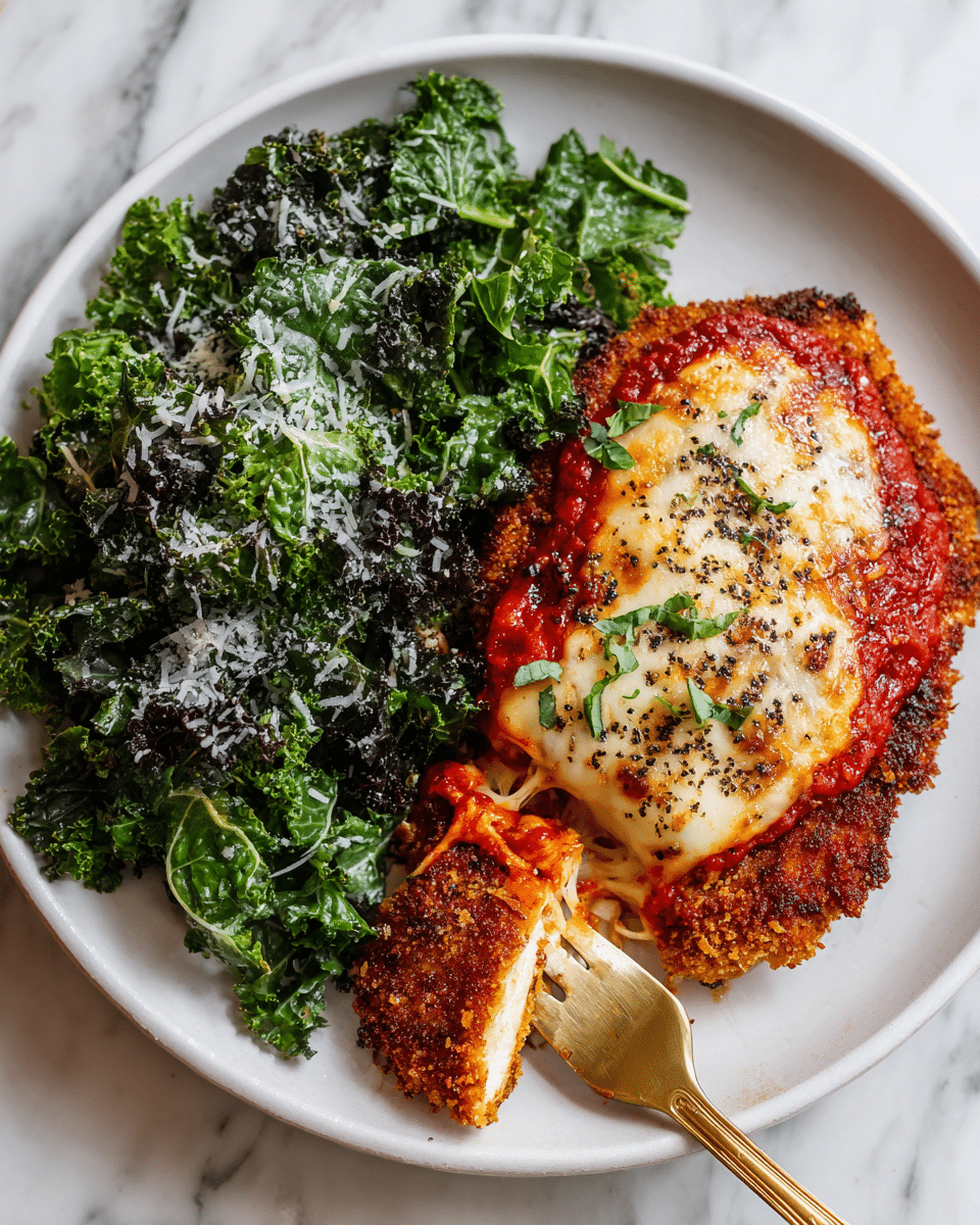 A white plate holds a serving of chicken parmesan and a side of cooked kale. The chicken parmesan has three layers: a crispy golden-brown breaded chicken base, a rich red tomato sauce covering the chicken, and a melted, bubbly layer of golden and white cheese on top, sprinkled with black pepper. Next to it is a pile of dark green kale with a rough texture, sprinkled with finely grated white cheese. A golden fork digs into the chicken parmesan, pulling up a cheesy, sauce-covered piece. The plate sits on a white marbled surface. photo taken with an iphone --ar 4:5 --v 7