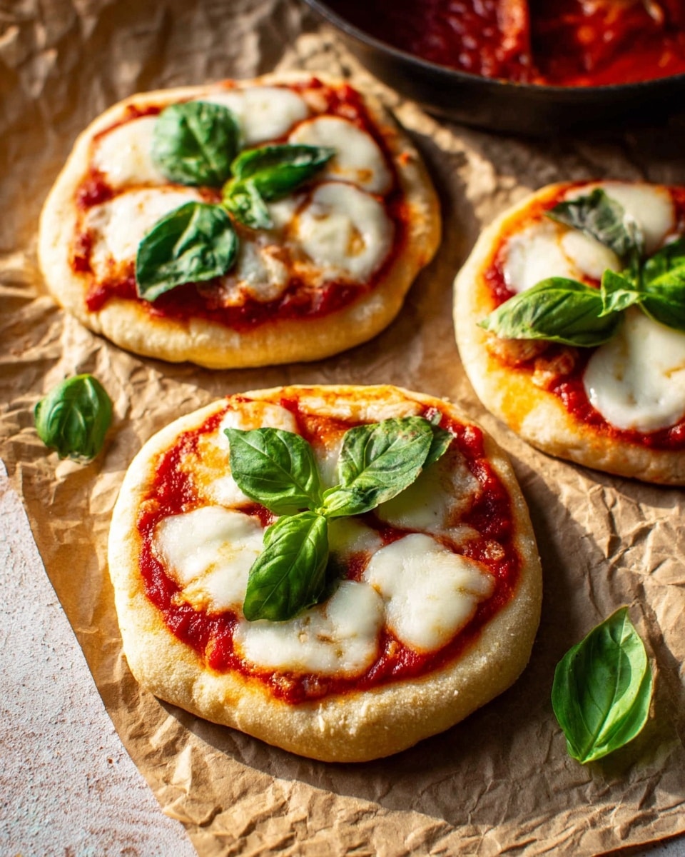 Three small round pizzas lie on crinkled brown parchment paper over a white marbled textured surface. Each pizza has a thick, fluffy crust with a golden-brown color. The first layer is a bright red tomato sauce spread evenly across the dough. On top, there is melted creamy white cheese, soft and slightly stretching. Fresh green basil leaves are scattered on each pizza, some whole and some torn, adding vibrant color and texture. In the background, there is a dark pan with visible red sauce. The overall lighting is warm and natural, highlighting the textures and colors. photo taken with an iphone --ar 4:5 --v 7