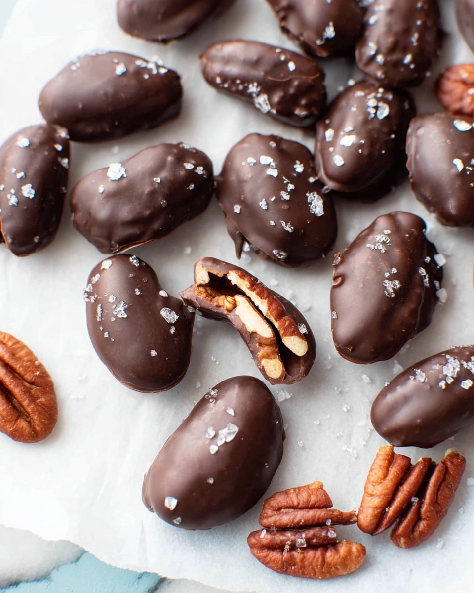 The image shows many pecans coated in dark brown chocolate scattered on white parchment paper over a white marbled surface. Each pecan has a smooth, shiny chocolate layer covering the top and sides, with the warm reddish-brown nut partially visible at the bottom, creating a two-layer look. Some of the chocolate-covered pecans are broken in half, revealing a light beige nut inside surrounded by a thin chocolate shell. Small white salt crystals are sprinkled evenly all over the chocolate, adding texture and contrast. The photo taken with an iphone --ar 4:5 --v 7