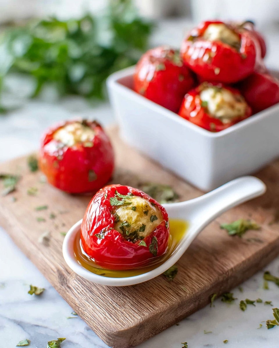 The image shows small, round, red stuffed peppers with a shiny, smooth texture. Each pepper is filled with a creamy, light beige filling visible at the open end. One stuffed pepper sits in a white ceramic spoon filled with golden olive oil, placed on a wooden cutting board. Behind the spoon, there is a white, square bowl filled with more stuffed peppers, garnished with small green herb pieces. The scene is set on a white marbled surface, with some green parsley leaves blurred in the background and scattered herb bits on the cutting board. Photo taken with an iphone --ar 4:5 --v 7