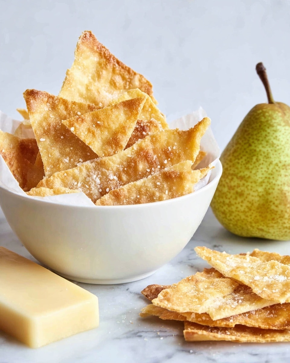 A white bowl filled with several layers of golden, crispy crackers with a slightly rough texture and sprinkled sea salt, standing upright and overlapping each other. To the left of the bowl, there is a pale yellow block of cheese with a smooth surface and a green pear with a textured skin behind it. The whole scene is set on a white marbled texture surface that adds a clean and fresh look. Photo taken with an iphone --ar 4:5 --v 7