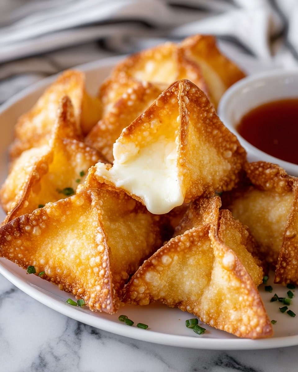 The image shows a close-up of several golden-brown fried wontons arranged on a white plate. Each wonton has a crispy, bubbled texture with lightly browned edges, and one is cut open to reveal a creamy, white cheese filling inside. The wontons are slightly folded into triangular shapes with some softness in the middle layers. A small amount of green garnish is sprinkled around for color contrast. In the corner, part of a white bowl filled with a red dipping sauce is visible. The background features a white marbled texture and part of a striped cloth is seen blurred. photo taken with an iphone --ar 4:5 --v 7