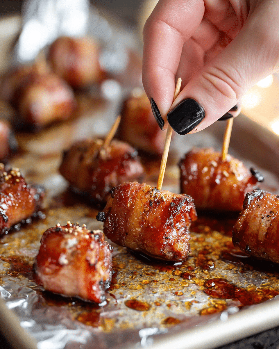 The image shows several small sausages wrapped in crispy, browned bacon pieces, each secured with a small wooden toothpick. The bacon has a glossy, slightly sticky texture from glaze or sauce, with small black pepper flakes sprinkled on top. The sausages and bacon are on a foil-lined tray with dark brown cooked spots and some small pools of oily glaze. In the foreground, a woman's hand with black nail polish is gently holding one of the bacon-wrapped sausages by the toothpick. The background is softly blurred, focusing on the bacon-wrapped bites. photo taken with an iphone --ar 4:5 --v 7