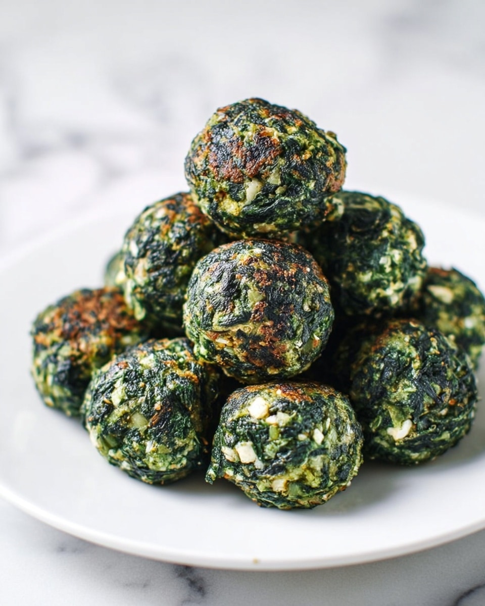 A white plate holds a pile of about ten round spinach balls stacked in a small mound; each ball has a dark green color with mixed lighter green and white bits visible, and the tops show a browned, slightly crispy texture. The spinach balls have an uneven, rough surface with some small pieces of what looks like onion or cheese embedded, giving a dotted pattern. The plate is set on a white marbled texture surface with the background softly blurred, focusing on the detailed texture and color of the spinach balls. photo taken with an iphone --ar 4:5 --v 7