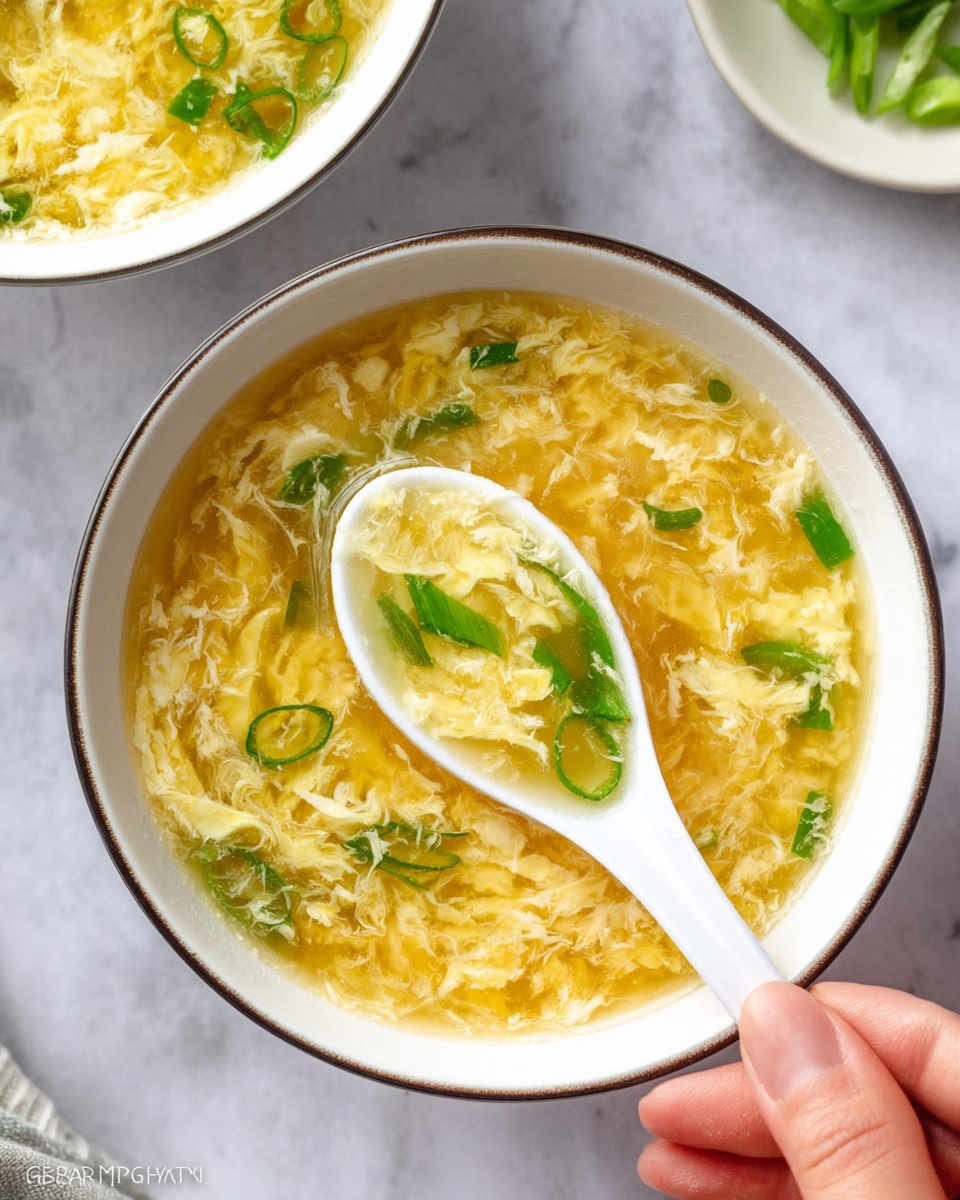 A close-up view of a bowl of egg drop soup showing three main layers: a clear golden-yellow broth as the base, soft, light yellow egg ribbons floating throughout, and bright green sliced scallions scattered on top. A white ceramic spoon scoops some of the egg ribbons and green scallions from the soup, held by a woman's hand at the bottom right corner. The bowl is white with a thin dark rim and sits on a white marbled surface, with part of another similar bowl with soup visible in the upper right corner. Photo taken with an iphone --ar 4:5 --v 7