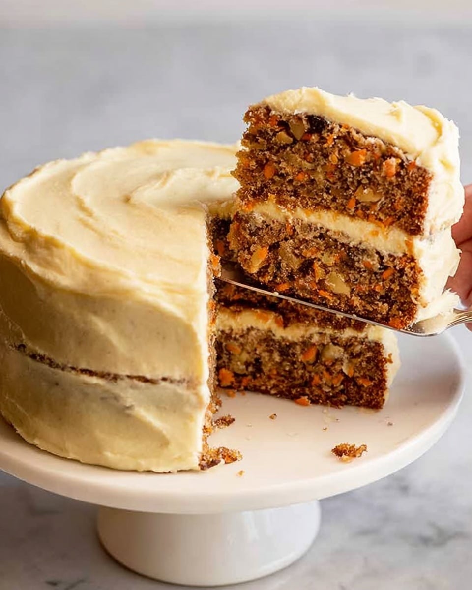 A two-layer round carrot cake is shown on a white cake stand, with one slice being lifted by a woman's hand using a silver cake server. Each layer of the cake is dark brown with visible bits of carrot and nuts, separated by a thick, smooth layer of creamy light beige frosting. The entire cake is coated with the same creamy frosting, creating a soft and even outer layer with subtle texture marks from spreading. The background is a white marbled texture, making the cake stand out clearly. photo taken with an iphone --ar 4:5 --v 7