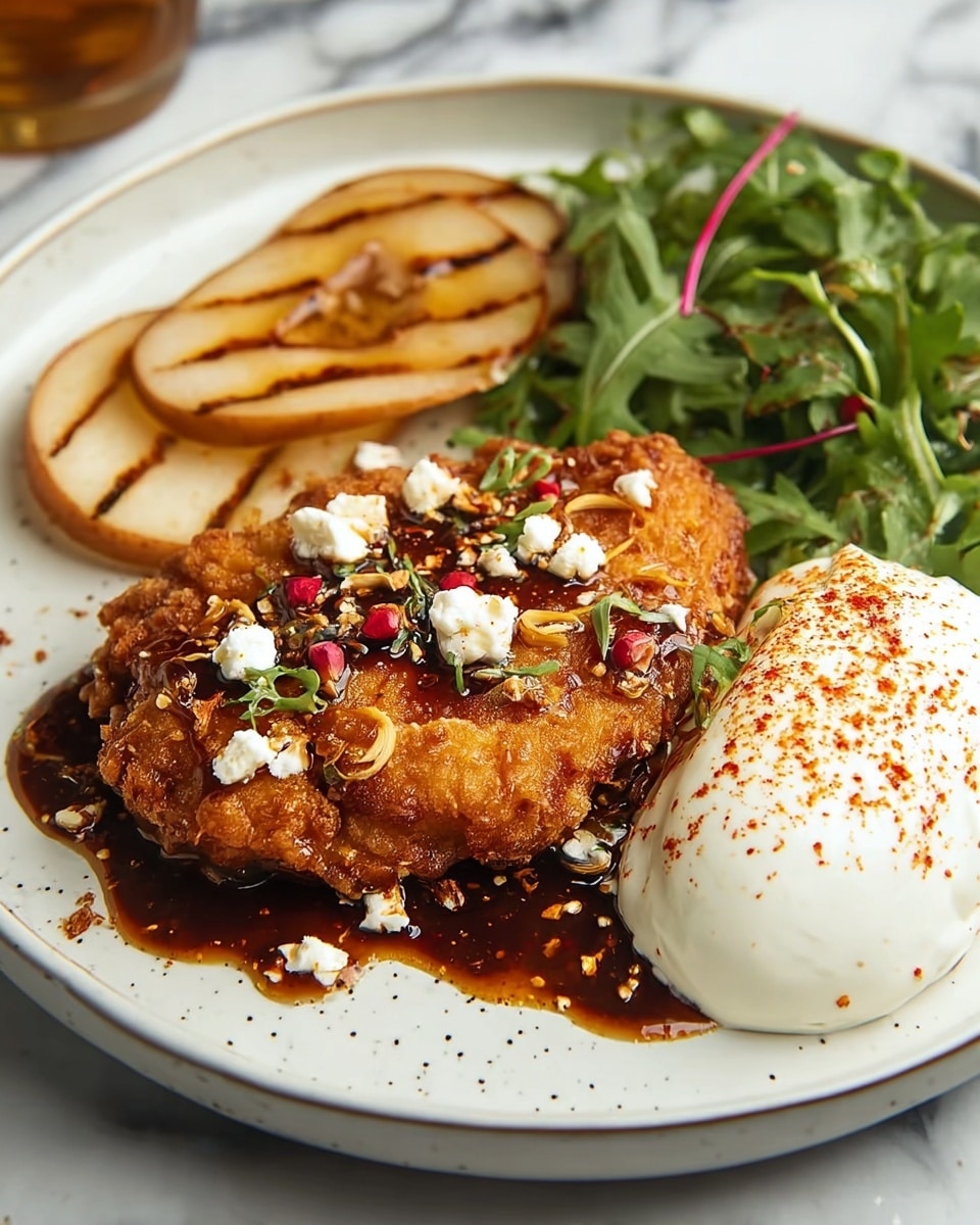 The dish shows a crispy golden-brown fried piece of chicken with a dark glossy sauce drizzled on top, sprinkled with small white crumbles and tiny red flakes. To the right of the chicken is a smooth dollop of white cream topped with light dusting of red spices. Behind the chicken, there is a bed of fresh green arugula leaves. On the left side of the plate, there are three caramelized slices of pear with brown grill marks. The food sits on a white plate with subtle speckles, placed on a white marbled surface. photo taken with an iphone --ar 4:5 --v 7