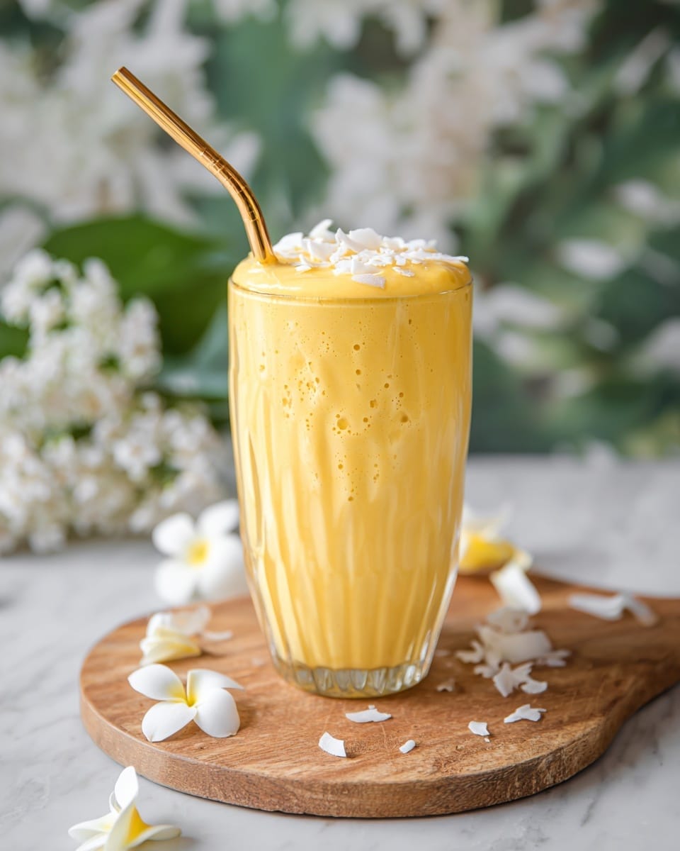 A tall, clear glass with wavy ridges is filled with a thick, smooth yellow smoothie, showing tiny bubbles on its surface. The top layer is decorated with white coconut flakes scattered over the yellow smoothie. A shiny gold metal straw is placed inside the glass, leaning to one side. The glass rests on a round wooden board with some white flower petals and flowers placed around it. The background is softly blurred with green leaves and white flowers, all set on a white marbled surface. photo taken with an iphone --ar 4:5 --v 7