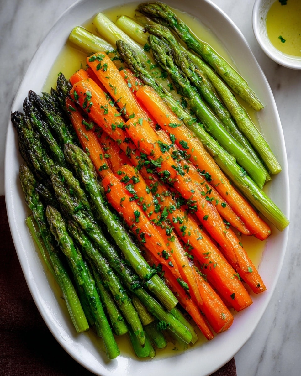 A white oval plate holds two neat rows of cooked vegetables arranged side by side on a white marbled surface. The left and right rows are bright green asparagus spears with a slight shine from oil, showing some charred tips and scattered tiny green herb bits on top, giving a fresh feel. Between the asparagus rows in the center, there is a row of glossy orange carrots, also sprinkled with green herbs, their smooth surface glistening with oil. The overall look is colorful and fresh with a slight sheen on the vegetables. In the corner, a small white bowl containing a light sauce is partially visible. Photo taken with an iphone --ar 4:5 --v 7