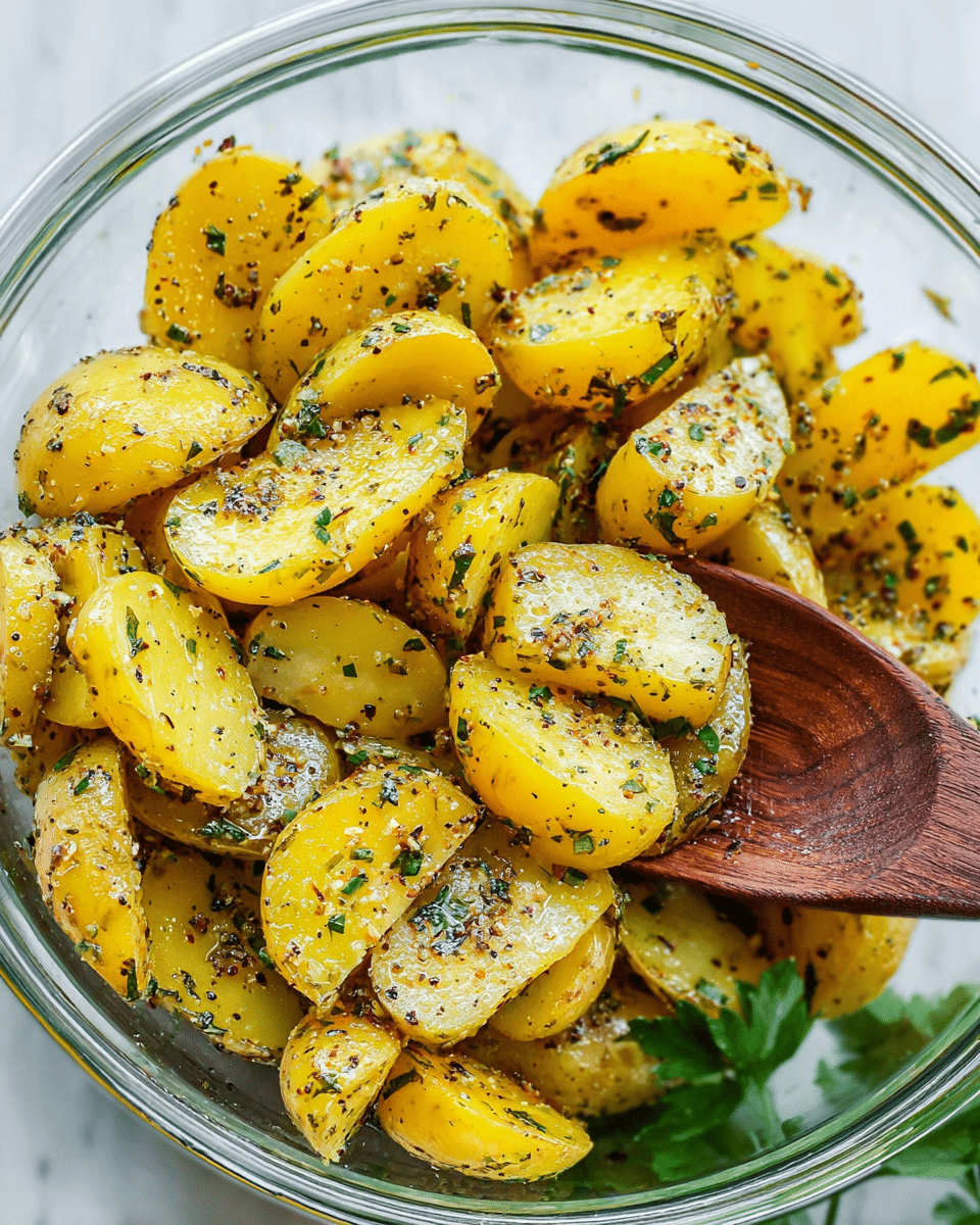 The image shows a glass bowl full of soft, yellow potato pieces sliced into halves and quarters, mixed with green herbs and black pepper seasoning. The potatoes have a slightly rough, cooked texture and are coated evenly with a speckled layer of dried herbs and spices. On the right side of the bowl, a wooden spoon is partially visible, scooping some of the potatoes, and a few green parsley leaves are peeking from the bottom right corner. The bowl is placed on a white marbled surface. photo taken with an iphone --ar 4:5 --v 7