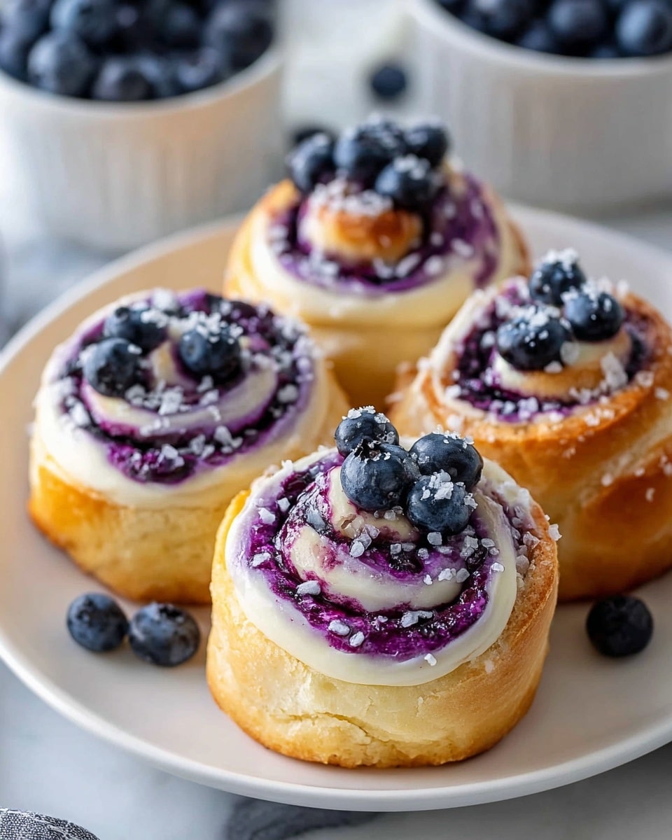 Four blueberry swirl rolls sit on a white plate over a white marbled surface. Each roll has a golden brown bottom layer that looks soft and fluffy. Above this base is a creamy white layer of dough spiraled with a rich dark purple blueberry filling, creating a swirl pattern. The rolls are topped with fresh, plump blueberries and sprinkled lightly with white sugar crystals that add texture. In the background, there are blurred white bowls filled with blueberries. photo taken with an iphone --ar 4:5 --v 7