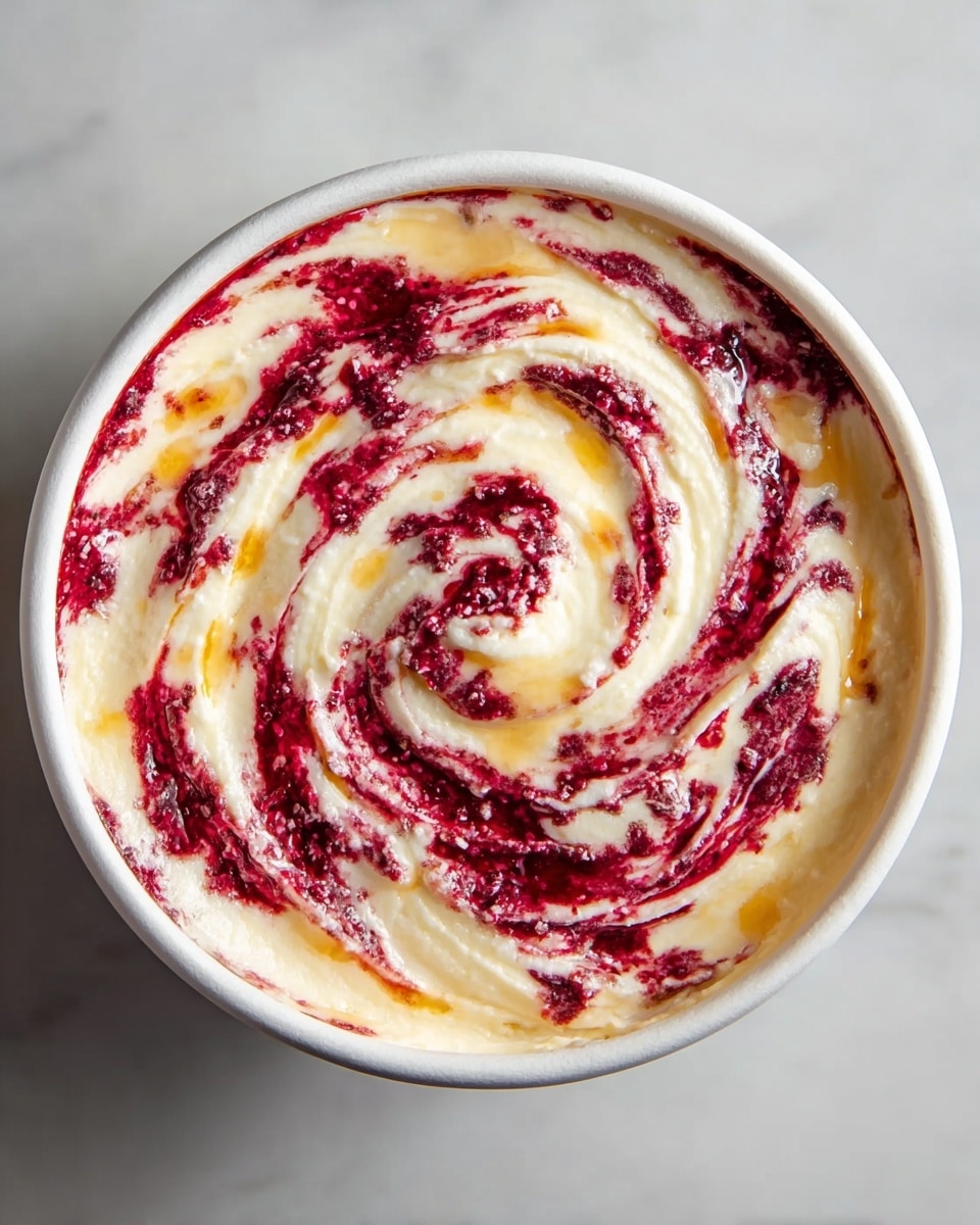 A round white bowl filled with a creamy mixture swirled with bright red berry sauce and a touch of golden syrup. The base layer is thick and smooth, pale yellow cream, with deep red berry patterns spiraled evenly on top, creating a textured look with some berry bits visible. The golden syrup drizzles add small glossy patches, giving the dish a rich appearance. The bowl sits on a white marbled surface. photo taken with an iphone --ar 4:5 --v 7