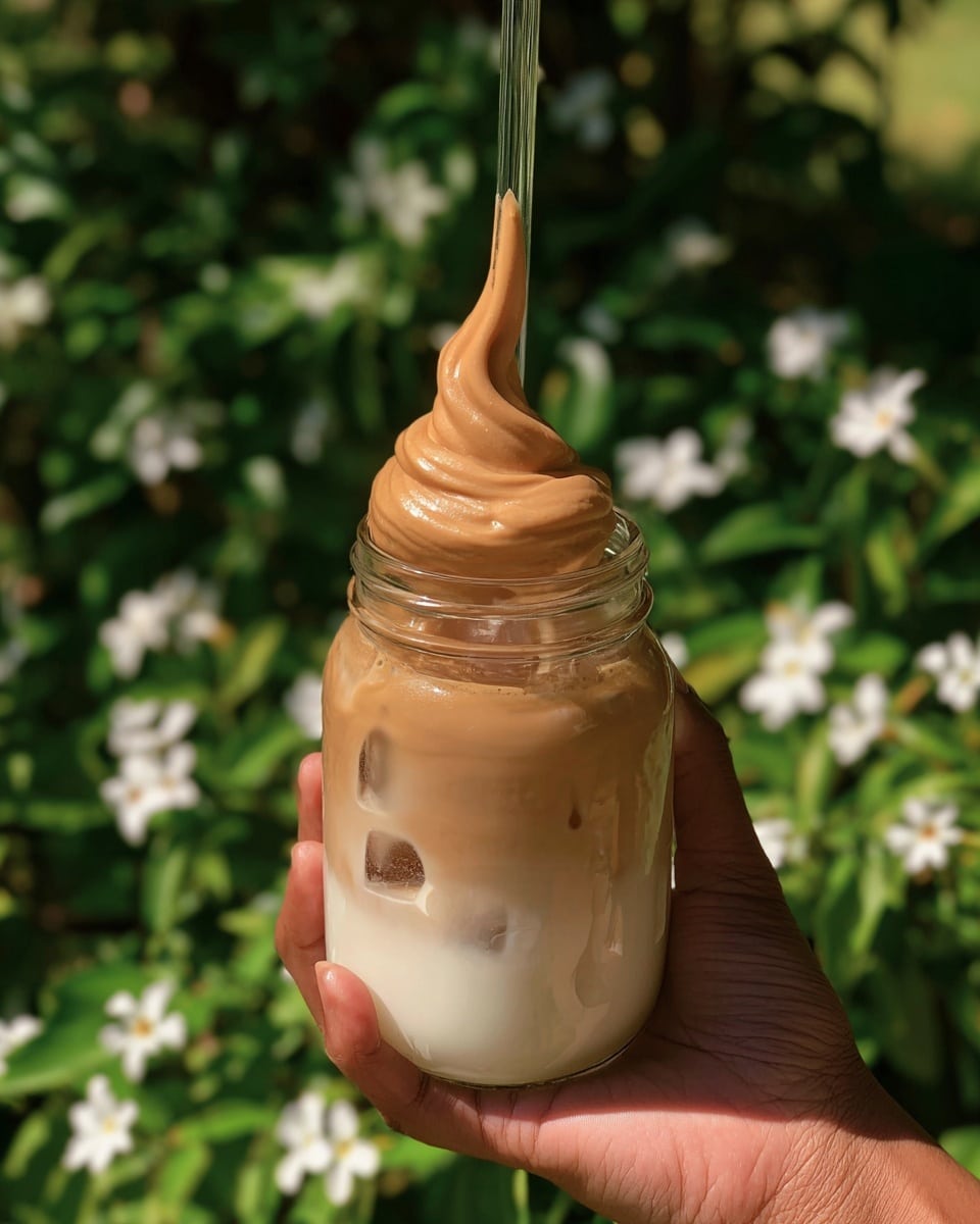 A clear glass jar is held by a woman's hand against a green leafy background with white flowers, showing a drink with two layers: the bottom layer is creamy white with a few ice cubes visible, and the top layer is a thick, smooth, light brown foam being lifted with a clear straw, creating a swirled peak above the jar. Photo taken with an iphone --ar 4:5 --v 7