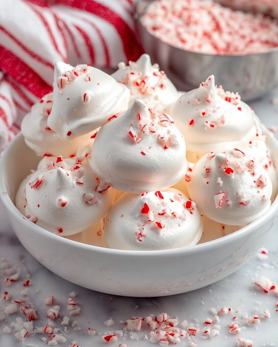 A white bowl is filled with around ten small, round, white meringue cookies that have a smooth and slightly cracked texture. Each meringue is topped with small red and white crushed peppermint pieces scattered unevenly on the surface. The bowl sits on a white marbled texture with some stray peppermint pieces around it. In the background, there is a blurred silver bowl containing more crushed peppermint and a blurry red and white striped cloth. The overall look is bright and festive. photo taken with an iphone --ar 4:5 --v 7