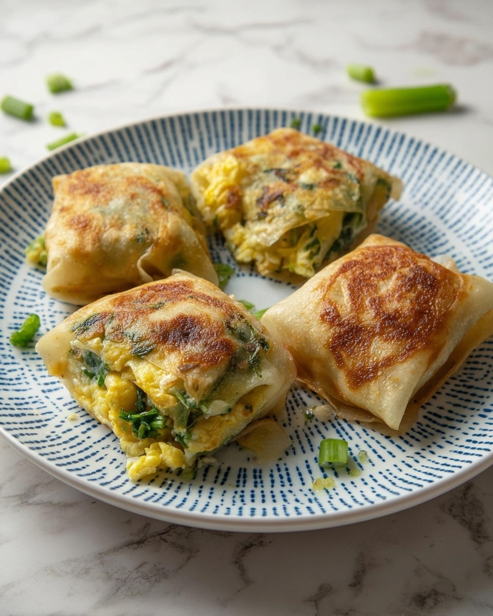 The image shows four small square-shaped, golden brown pan-fried parcels on a white plate with blue dotted patterns. Each parcel has a crispy outer layer with uneven browning, revealing a soft, slightly translucent wrapper that holds a filling of yellow and green ingredients, likely scrambled eggs mixed with chopped green vegetables. The parcels sit close together near the center of the plate. The plate rests on a white marbled surface with a few small green vegetable pieces scattered around. photo taken with an iphone --ar 4:5 --v 7