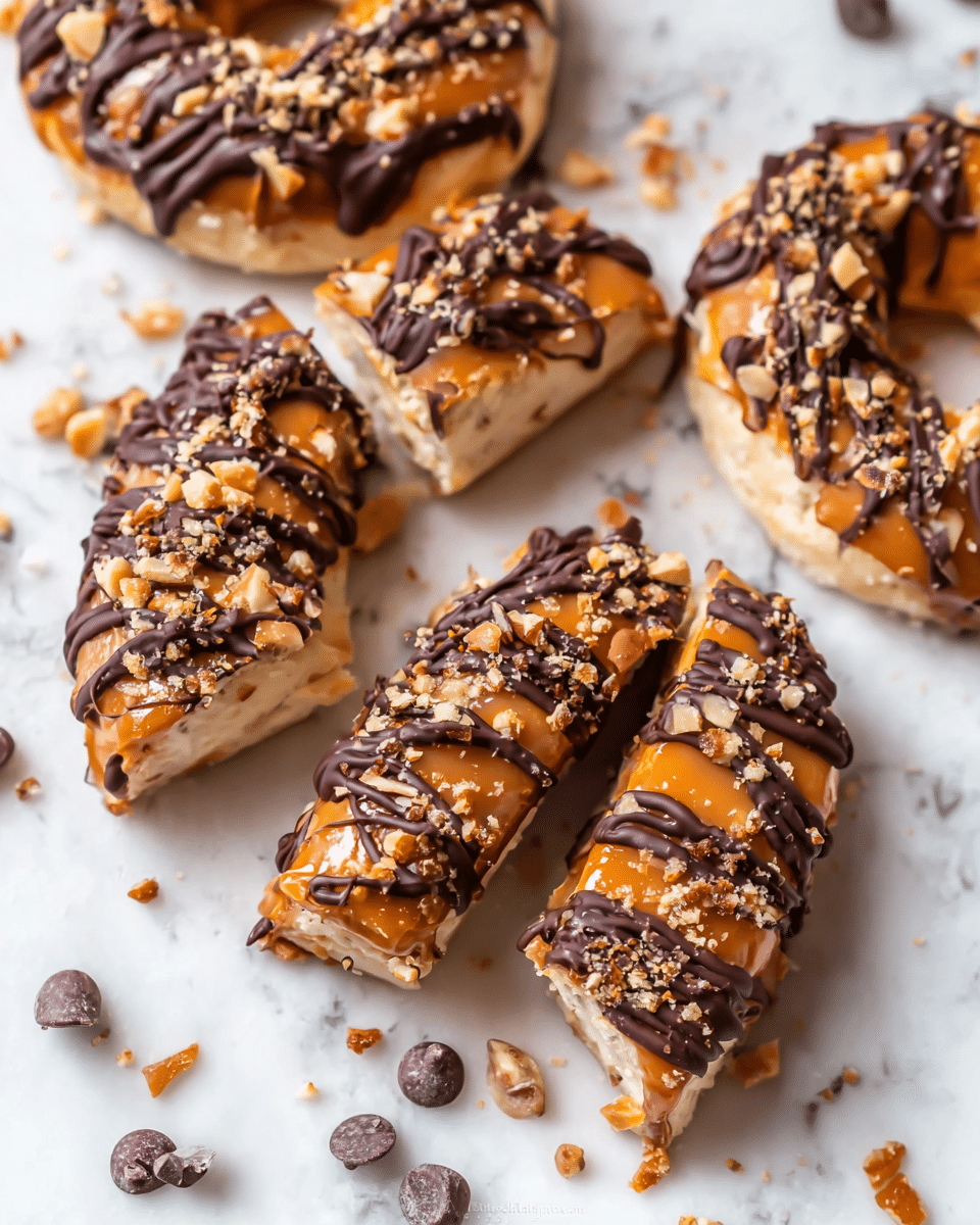The image shows close-up pieces of a sliced dessert ring on a white marbled surface. The base layer is light beige, soft dough, topped with a smooth caramel layer that glows orange-brown. Over the caramel, there is a thick dark chocolate drizzle in wavy lines, with small crushed nut bits sprinkled on top, adding texture and color contrast. The circle shape of the dessert is broken into individual slices, revealing the soft dough inside. Scattered dark chocolate chips around the pieces add extra detail. Photo taken with an iphone --ar 4:5 --v 7
