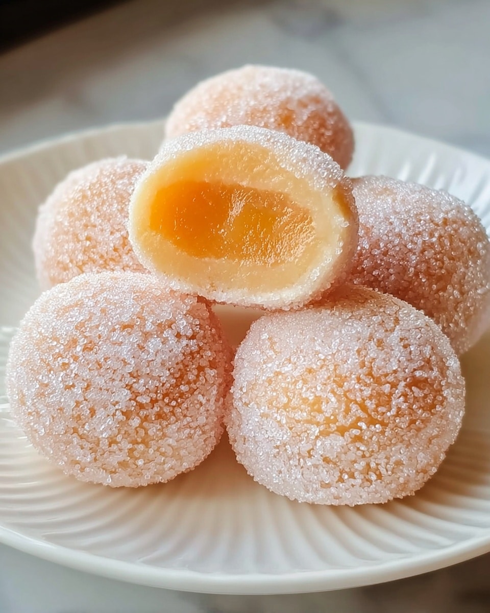 Five round mochi are placed on a white plate with gentle ridges along the edge, sitting on a white marbled surface. Each mochi ball is covered in a fine layer of white sugar crystals, giving a frosted look to their pale orange outer layer. Two of the mochi are bitten to show the soft and smooth light orange filling inside, contrasting slightly in texture with the sugary exterior. The arrangement centers the mochi closely together, highlighting the sugar sparkle and creamy filling inside. photo taken with an iphone --ar 4:5 --v 7