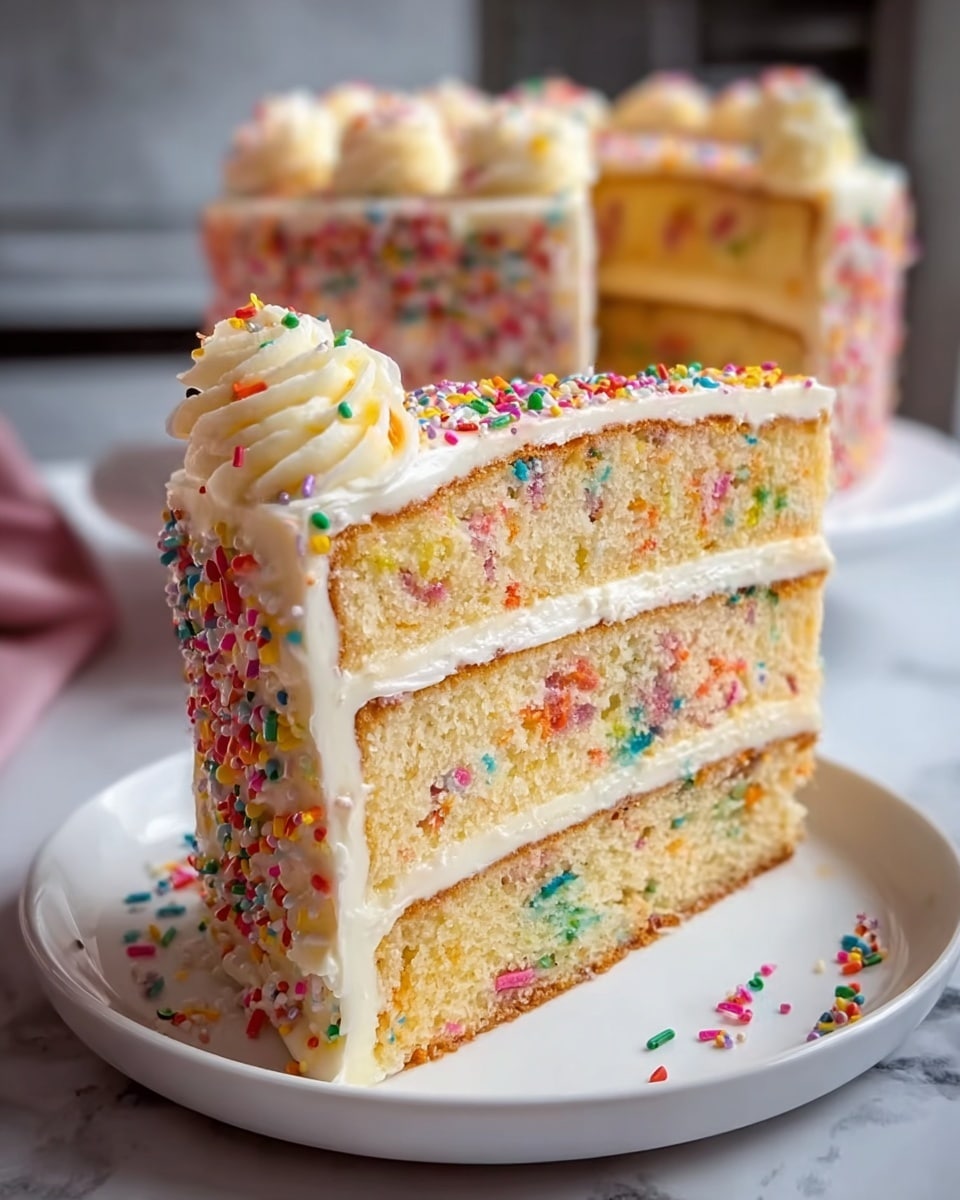A close-up of a slice of funfetti layer cake on a white plate with a white marbled texture background. The cake has three yellowish sponge layers with colorful sprinkles baked inside each layer, separated by two thick white creamy frosting layers. The cake is covered in smooth white frosting, decorated with bright multicolored sprinkles on top and around the sides. There is a swirled pattern of piped white frosting on the top edge of the slice. The background features a blurred whole cake from which the slice was cut. Photo taken with an iphone --ar 4:5 --v 7